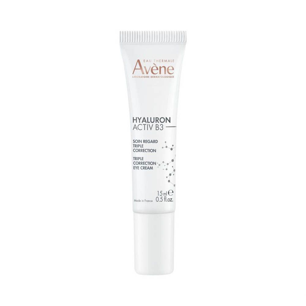 Tube blanc avec nom du produit et marque. Texte: Hyaluron Activ B3, Soin regard, Triple Correction, Eye Cream. 15 ml.