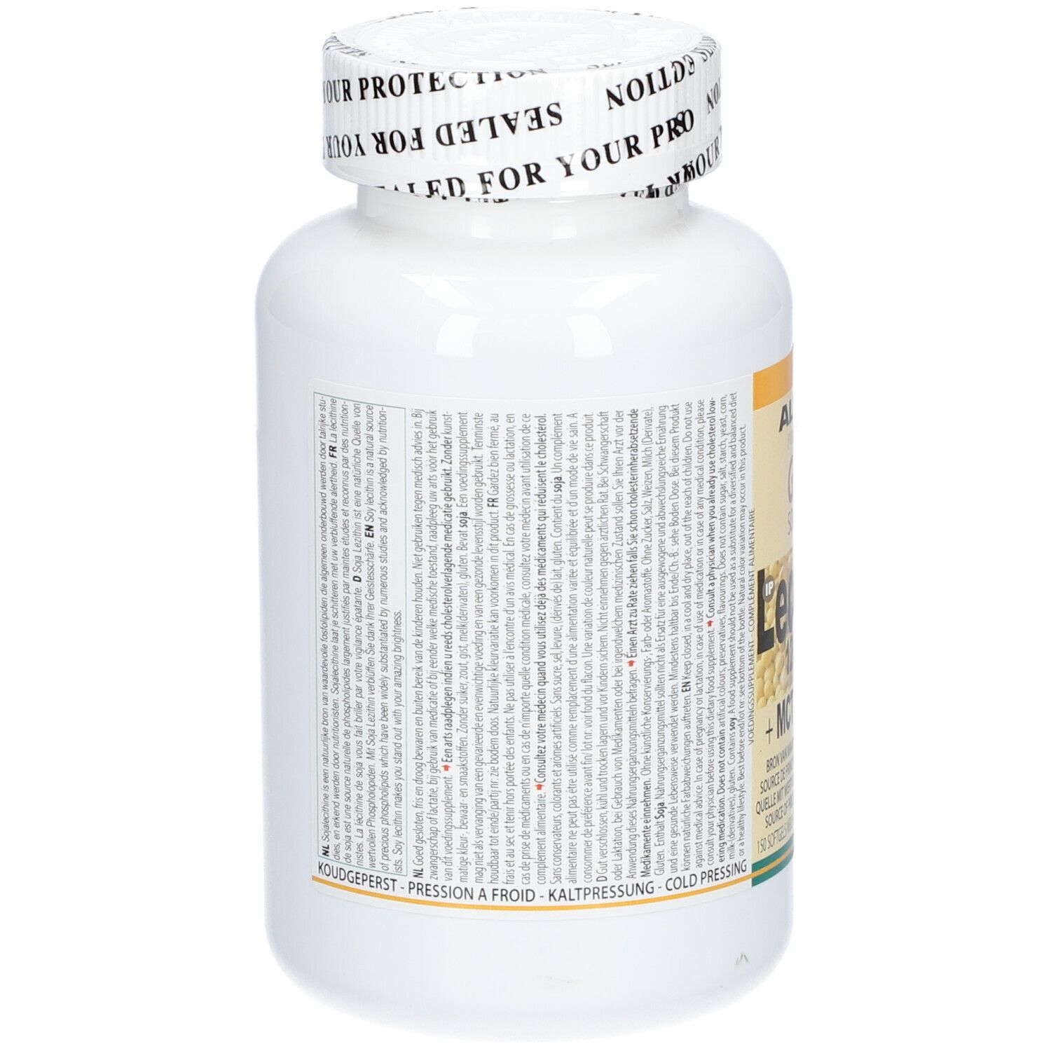 Dos d'un flacon blanc. Texte multilingue. Bouchon avec inscription: Sealed for your protection.
