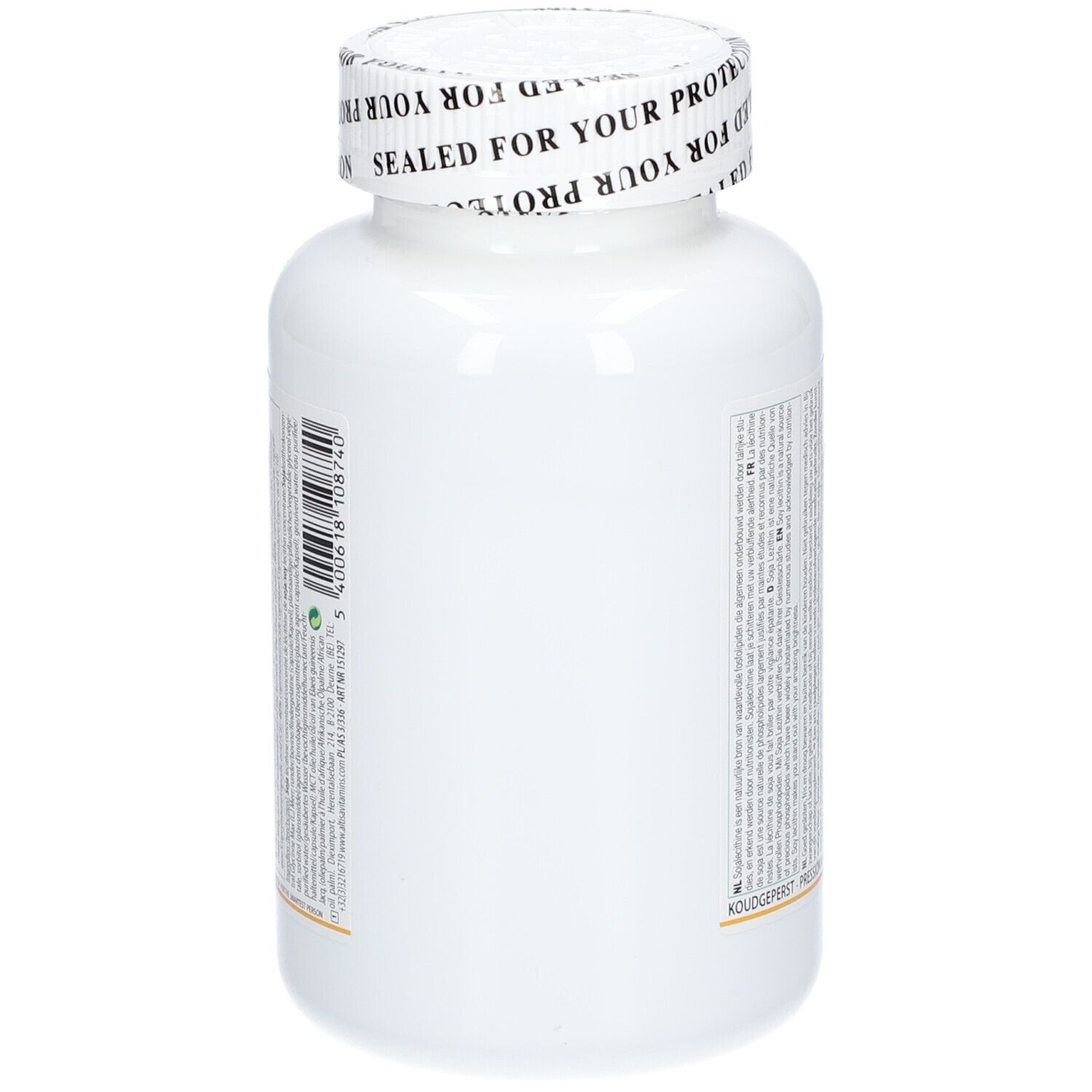 Dos d'un flacon blanc. Texte multilingue. Bouchon avec inscription: Sealed for your protection.