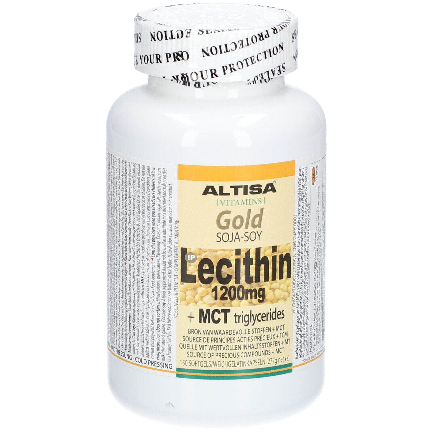 Flacon blanc avec étiquette jaune. Inscription: Altisa Gold Soja-Soy Lecithin 1200mg. Avec triglycérides MCT. 150 gélules.