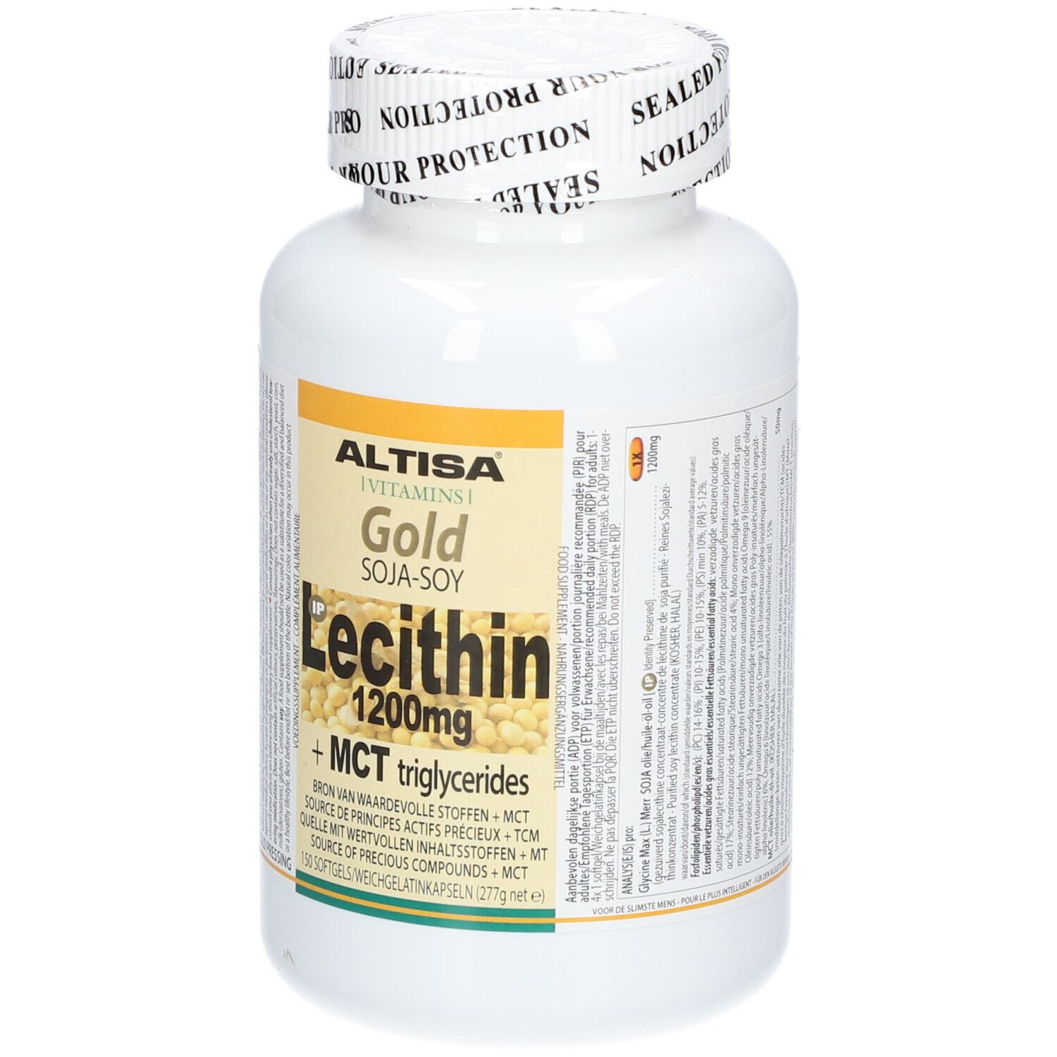 Flacon blanc avec étiquette jaune. Inscription: Altisa Gold Soja-Soy Lecithin 1200mg. Avec triglycérides MCT. 150 gélules.