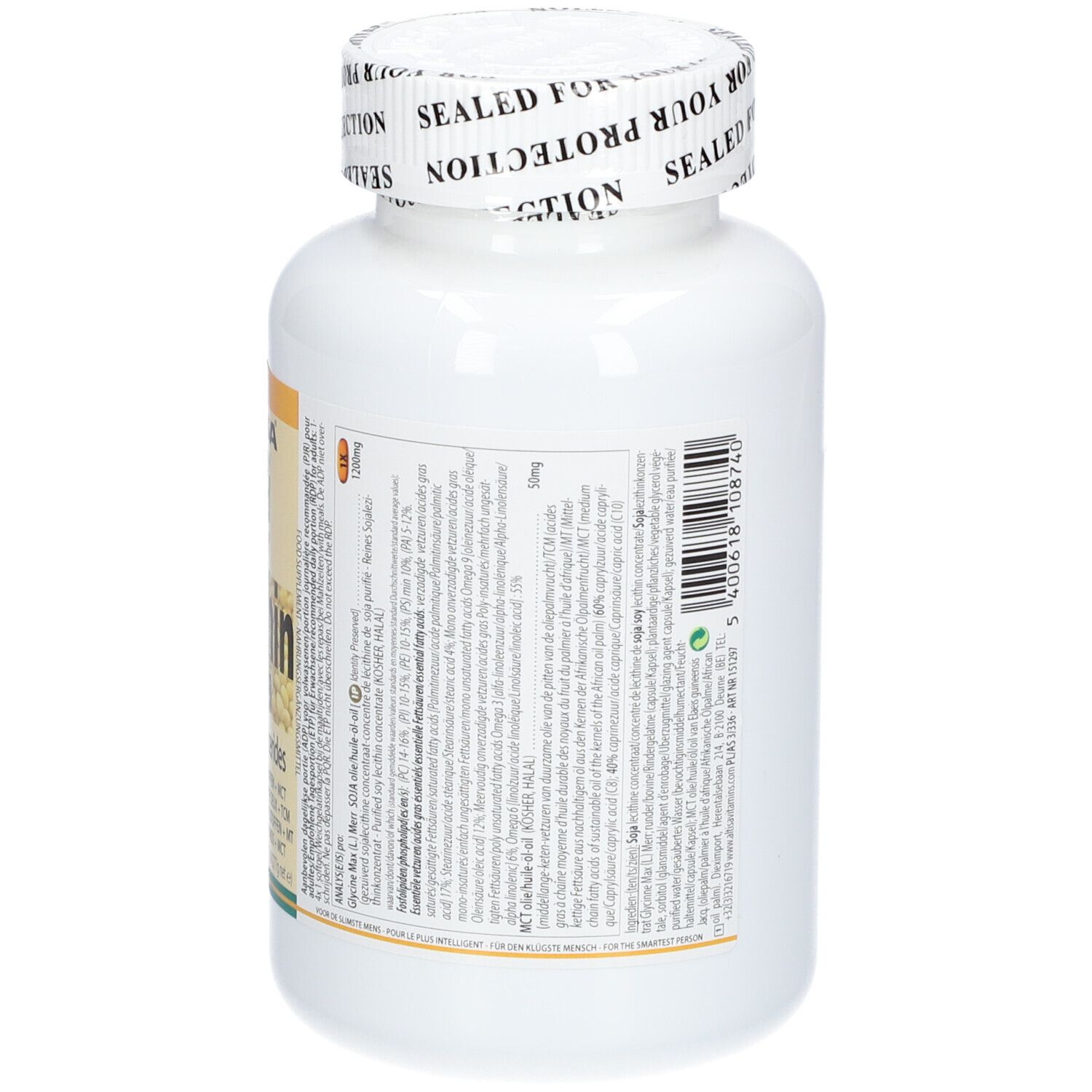 Dos d'un flacon blanc. Texte multilingue. Bouchon avec inscription: Sealed for your protection.