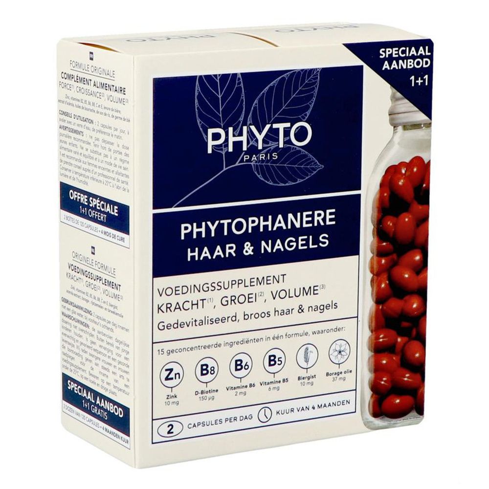 Phyto Phytophanère DUO-verpakking. Bevat capsules. Opschrift: Haar & Nagels. Speciale aanbieding 1+1.