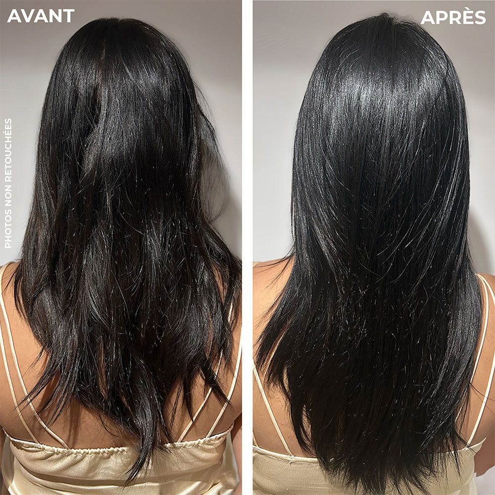 Vorher-Nachher-Vergleich. Haare vor und nach der Anwendung. Schwarzes Haar.