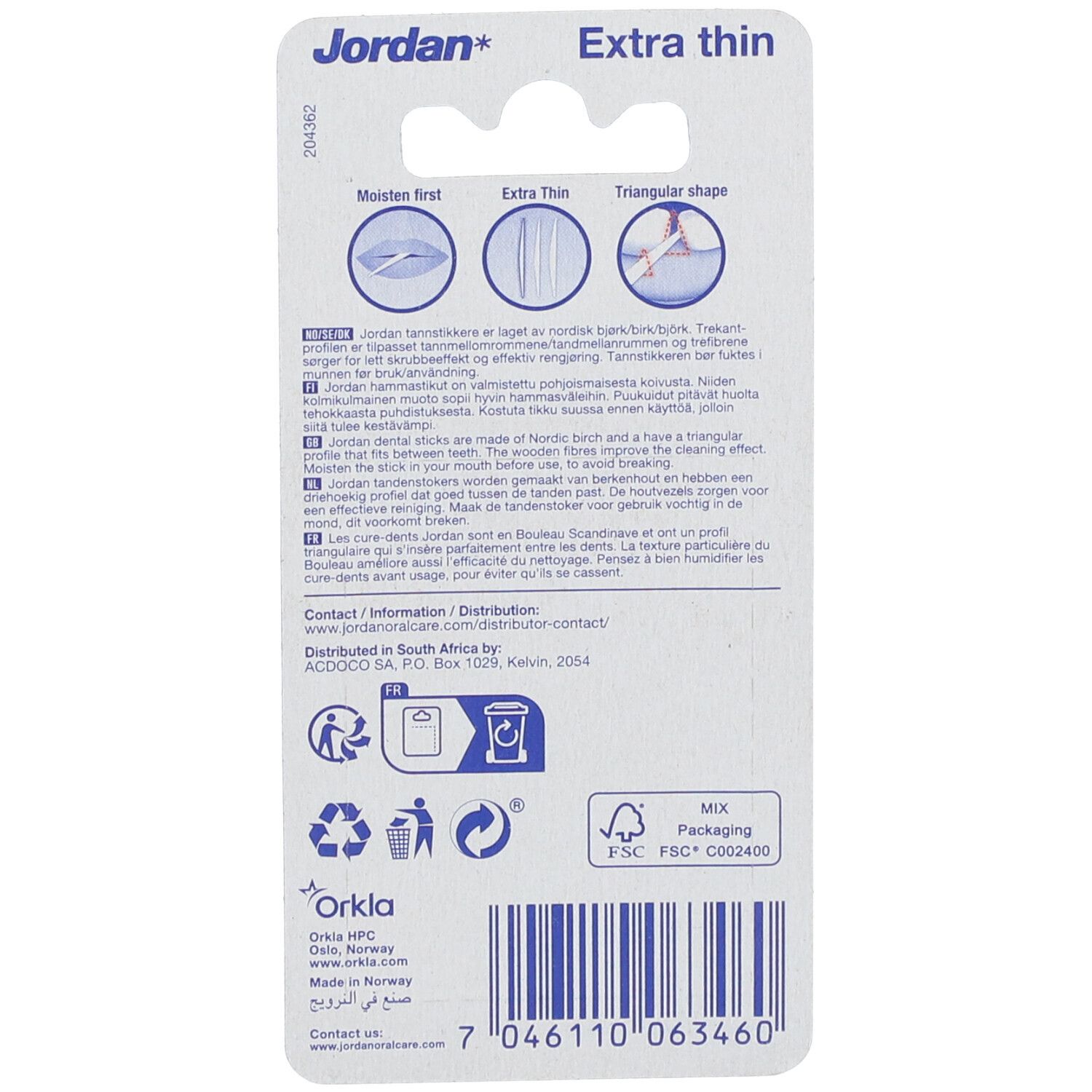 Rückseite der Verpackung mit Produktinformationen. "Jordan" und "Extra thin" Schriftzug. FSC-Logo. Recycling-Symbole.