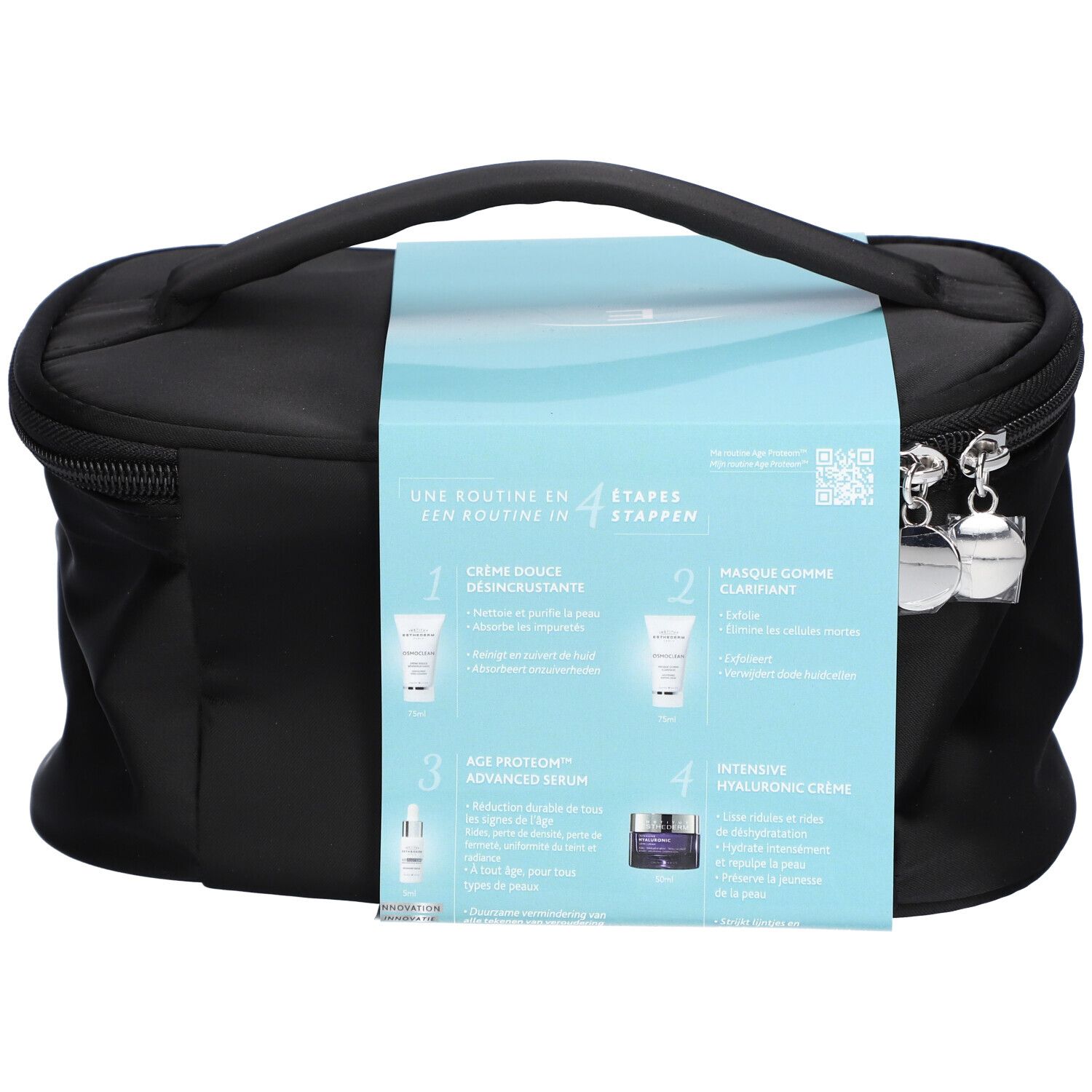 Trousse de toilette noire avec poignée. Sur l'emballage : produits, texte 'Une routine en 4 étapes'.