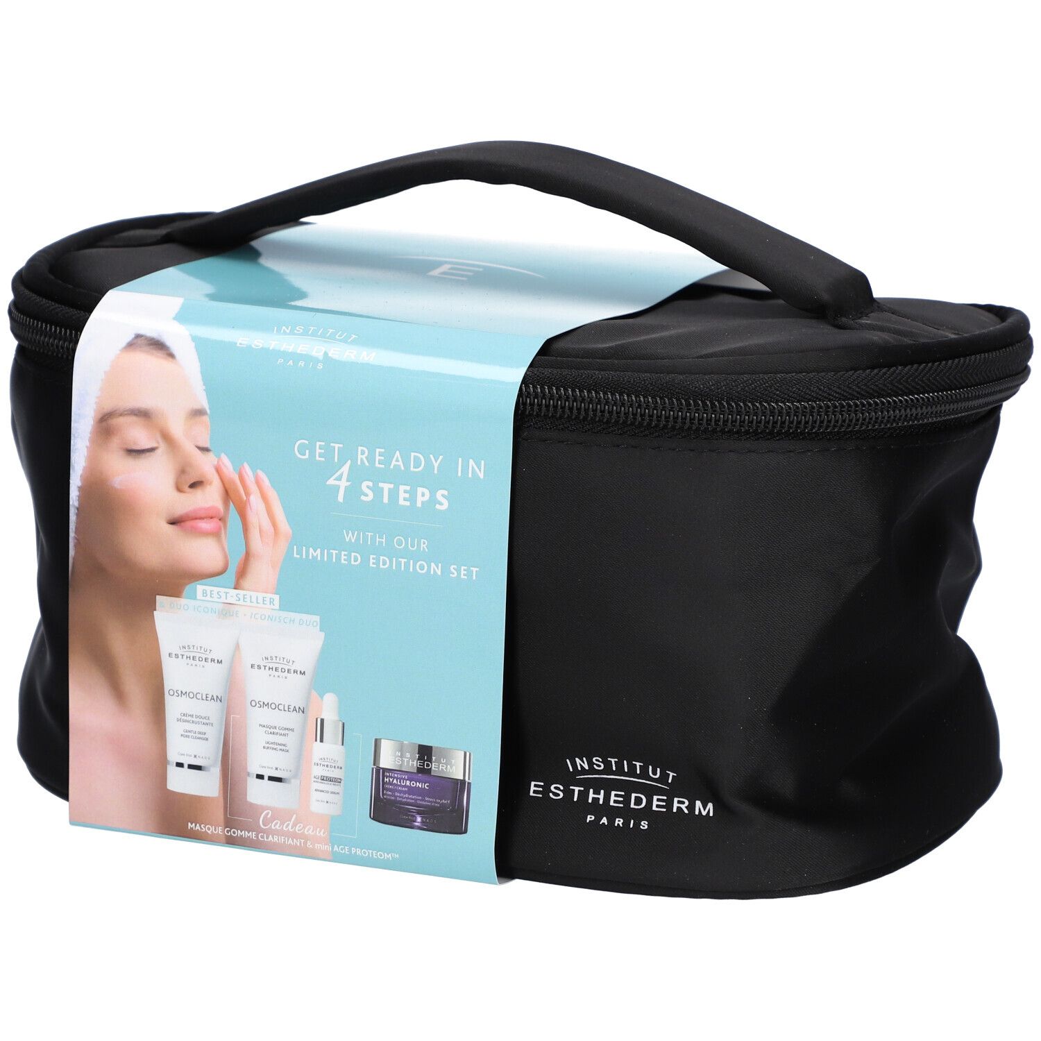 Trousse de toilette noire avec poignée et emballage produit. Sur l'emballage : femme, produits, texte 'Get Ready in 4 Steps'.