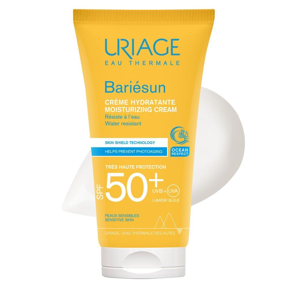 Tube jaune Uriage. Nom du produit et informations SPF 50+ visibles. Crème solaire.