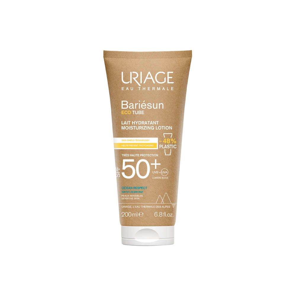 Uriage Bariésun SPF50+ in tube. Beige tube met witte dop. Tekst: SPF50+, Lait Hydratant, Eco Tube.