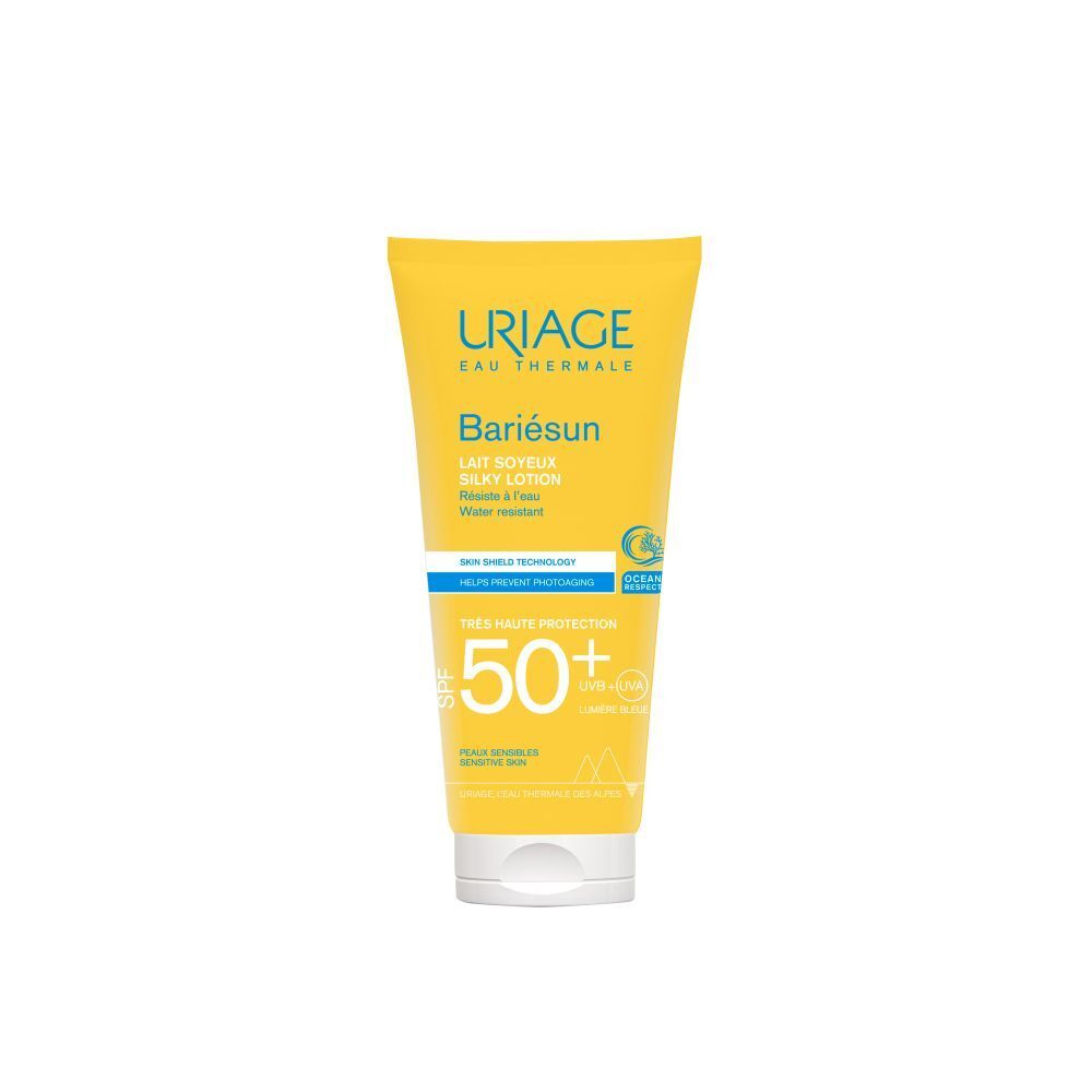 Tube jaune Uriage Bariésun Lait Soyeux SPF50+. Texte et logos. Résistant à l'eau.
