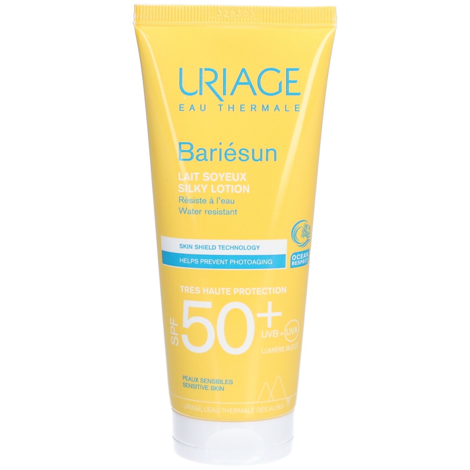 Tube jaune Uriage Bariésun Lait Soyeux SPF50+. Texte et logos. Résistant à l'eau.