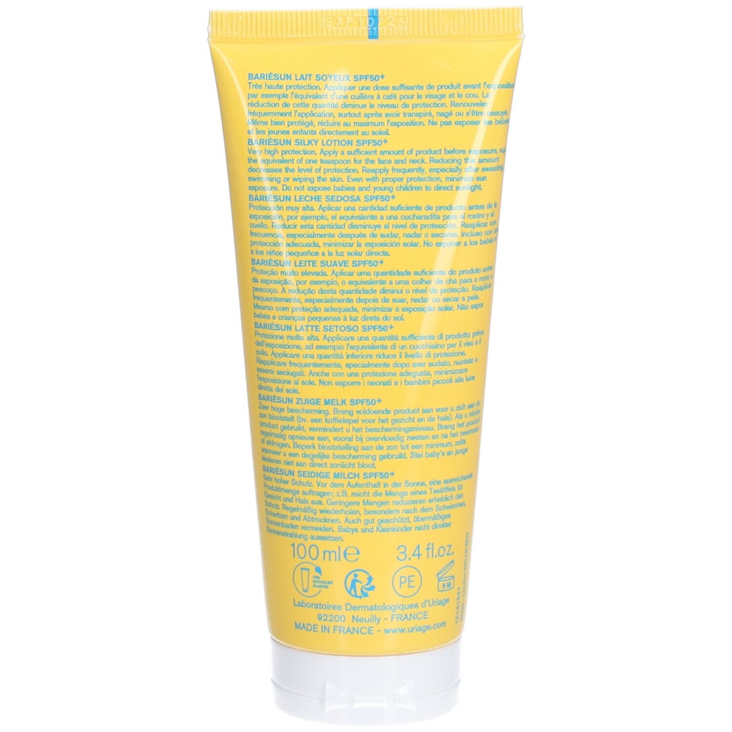 Dos du tube jaune Uriage Bariésun Lait Soyeux SPF50+. Texte en plusieurs langues.