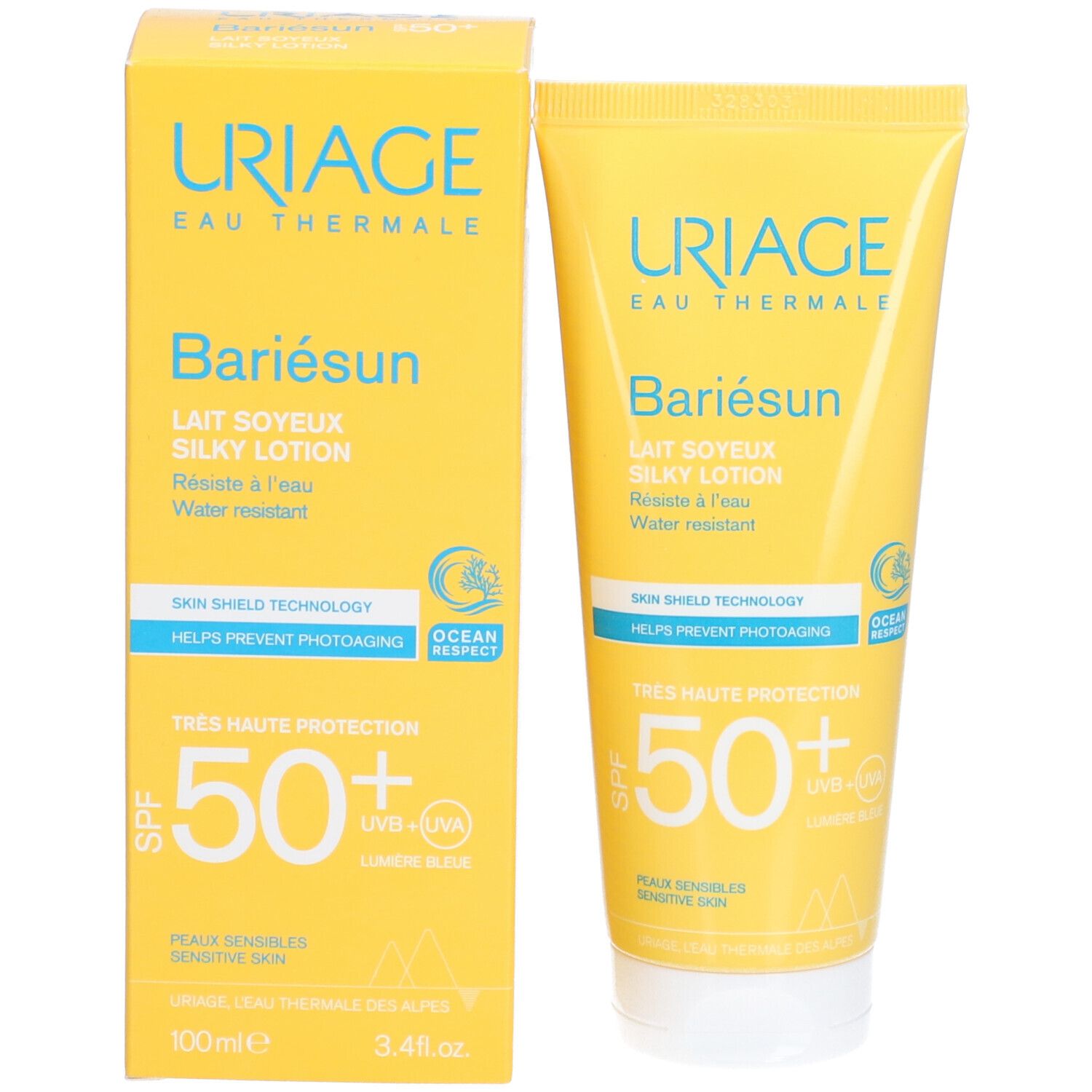 Uriage Bariésun Lait Soyeux SPF50+ et boîte. Jaune. Texte et logos. SPF 50+.