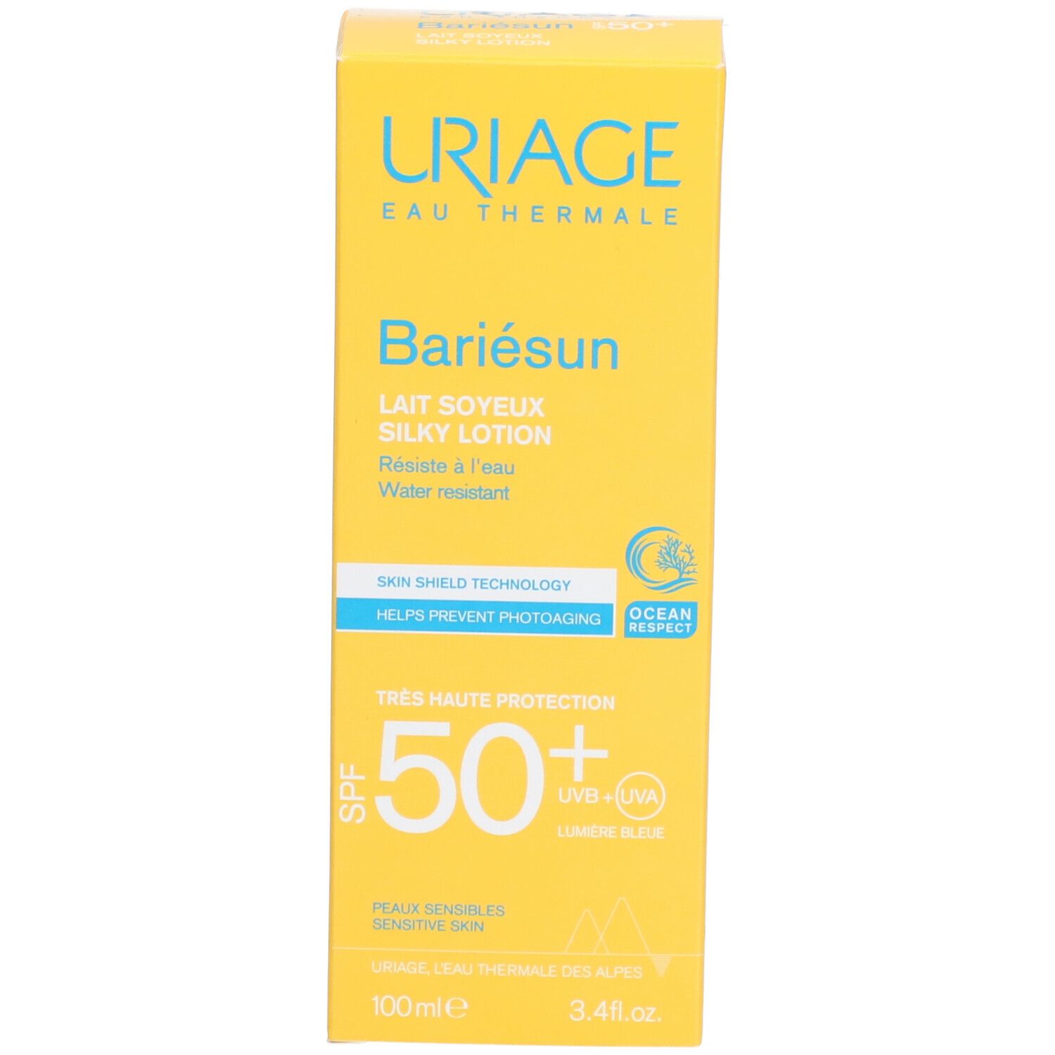 Boîte jaune Uriage Bariésun Lait Soyeux SPF50+. Texte et logos. SPF 50+.