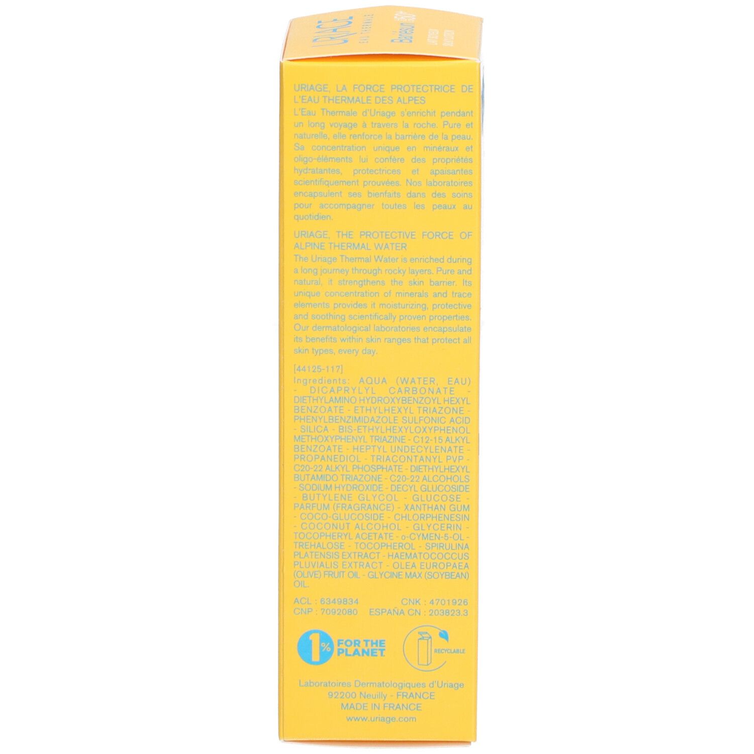 Dos de la boîte jaune Uriage Bariésun Lait Soyeux SPF50+. Texte en plusieurs langues.