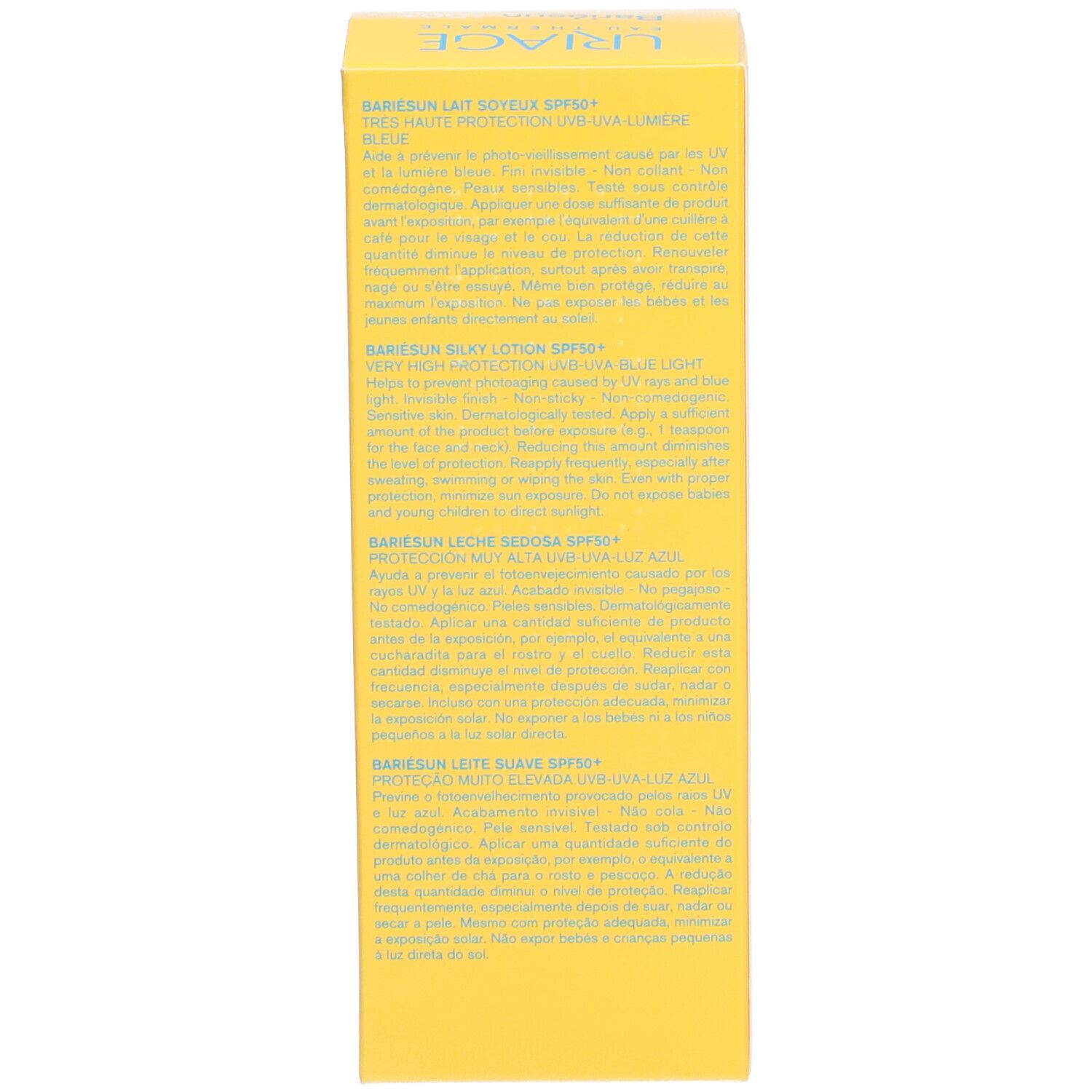 Dos de la boîte jaune Uriage Bariésun Lait Soyeux SPF50+. Texte en plusieurs langues.