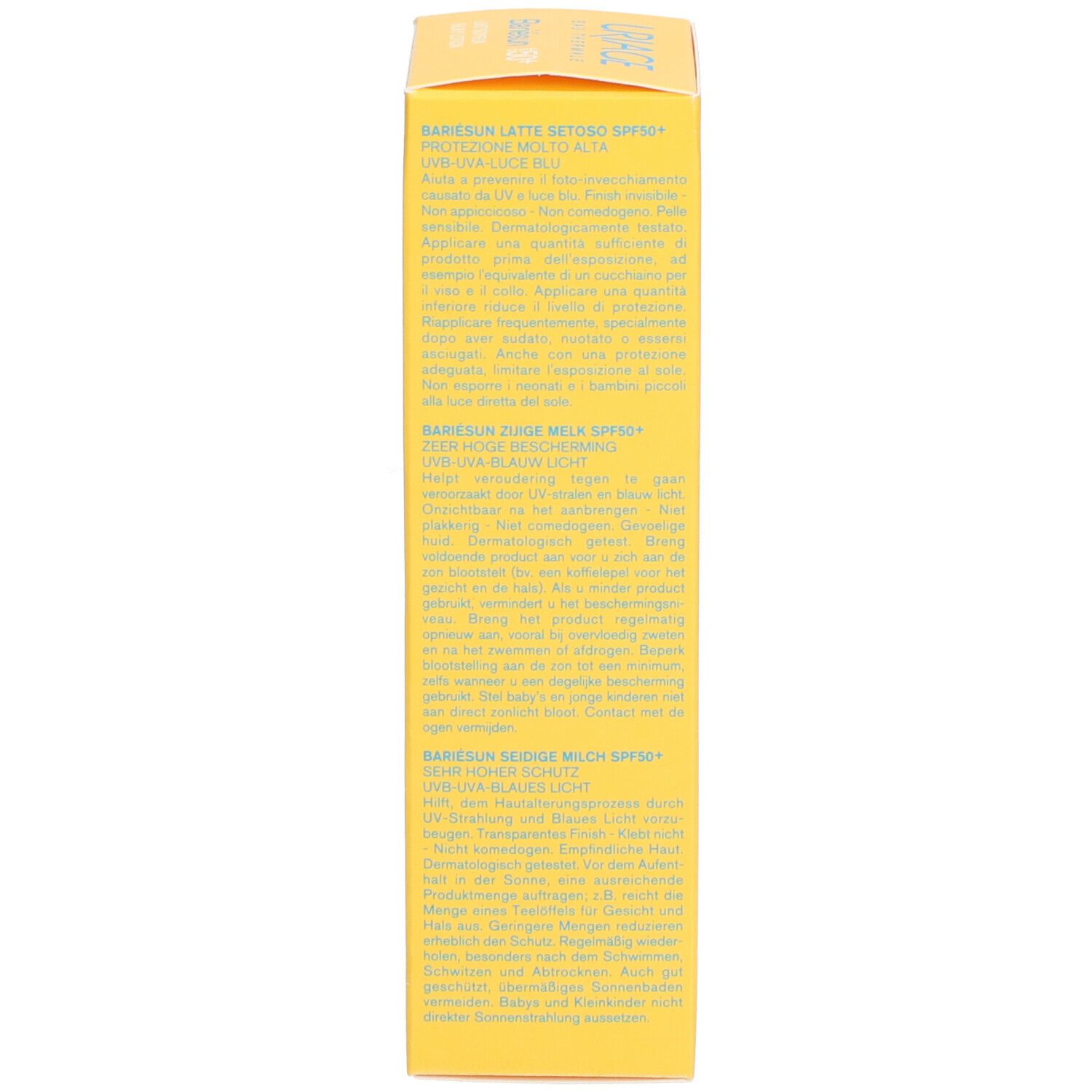 Dos de la boîte jaune Uriage Bariésun Lait Soyeux SPF50+. Texte en plusieurs langues.