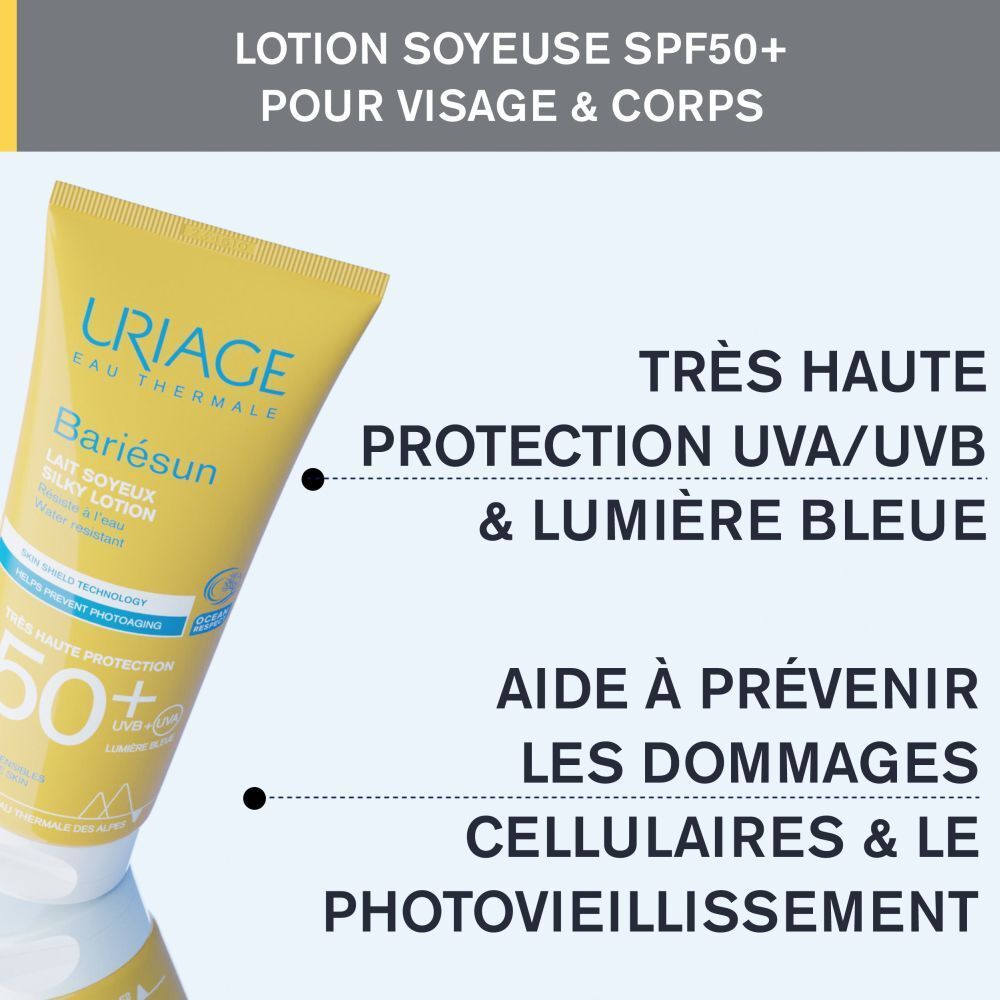 Uriage Bariésun Lait Soyeux SPF50+. Texte sur les ingrédients : vitamine E, filtres organiques, etc.