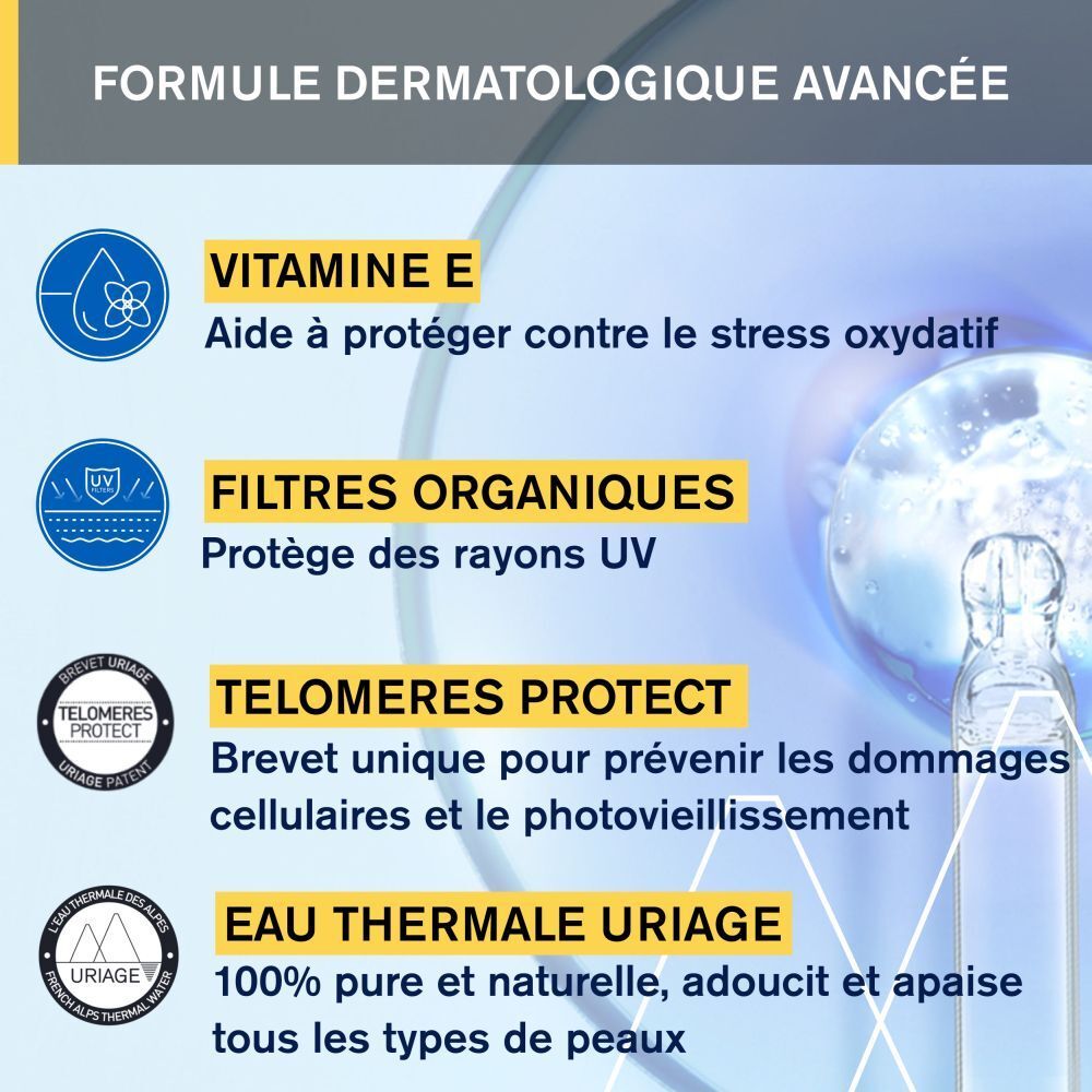 Dos du tube jaune Uriage Bariésun Lait Soyeux SPF50+. Texte en plusieurs langues.