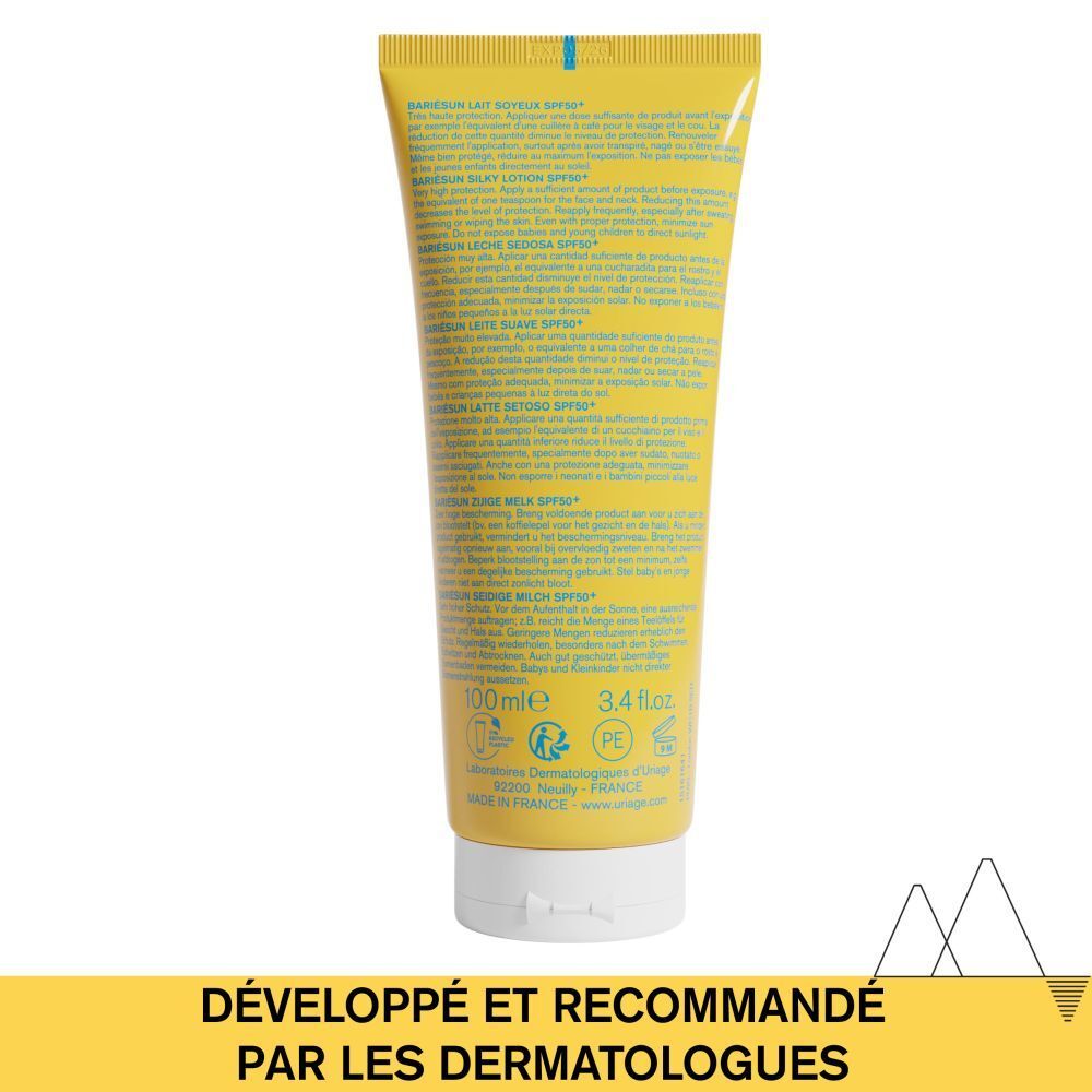 Texte sur Uriage Bariésun Lait Soyeux SPF50+ et recommandation des dermatologues.