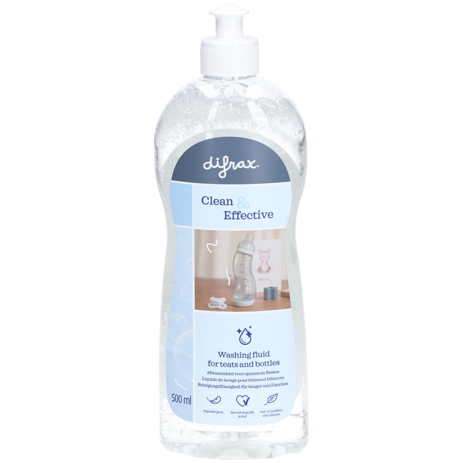 Klare Flüssigkeit in einer Flasche mit Dosierpumpe. Aufschrift: difrax, Clean & Effective. Waschmittel für Sauger und Flaschen.