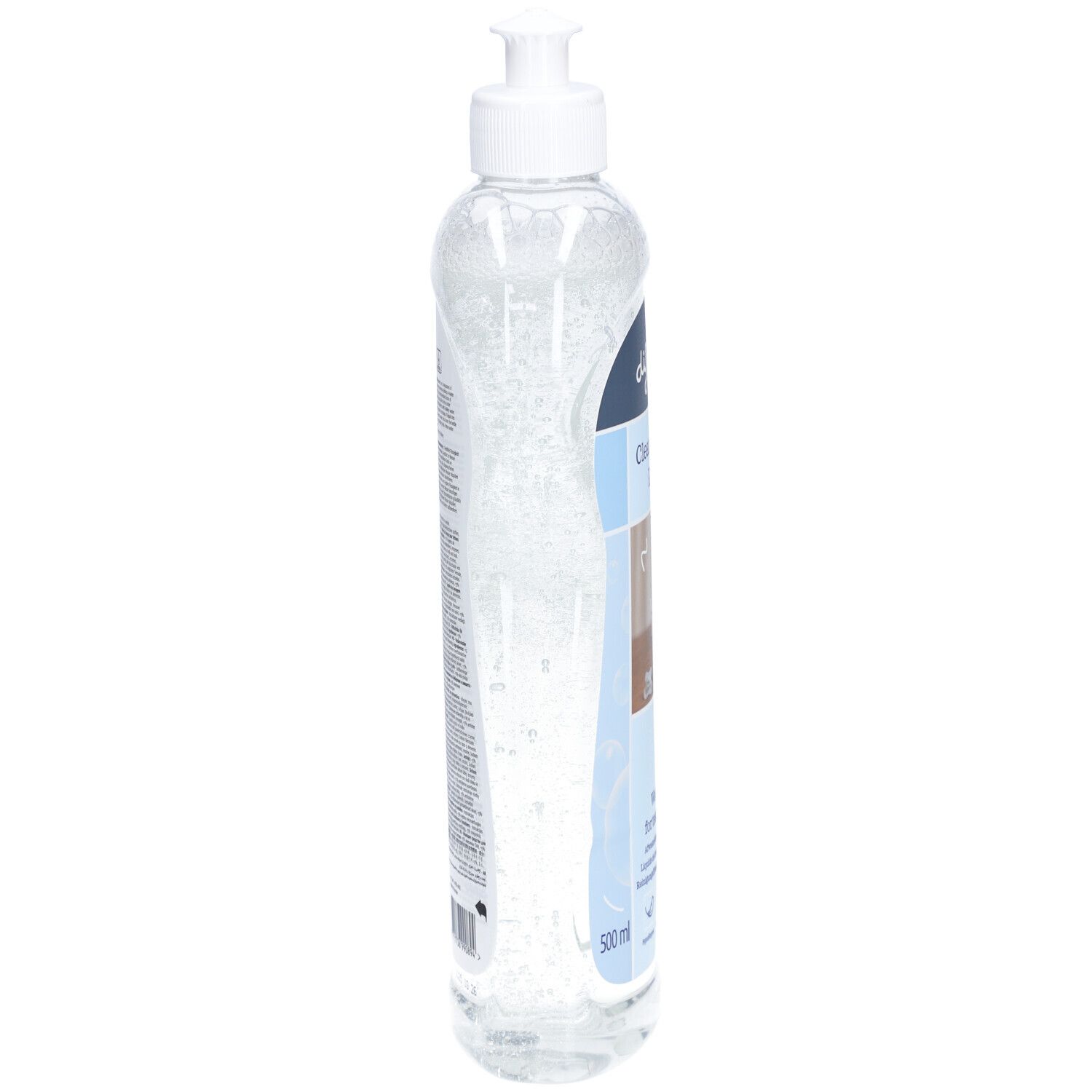 Transparente Flüssigkeit in einer Flasche mit Dosierpumpe. Auf der Seite Text. 500 ml.