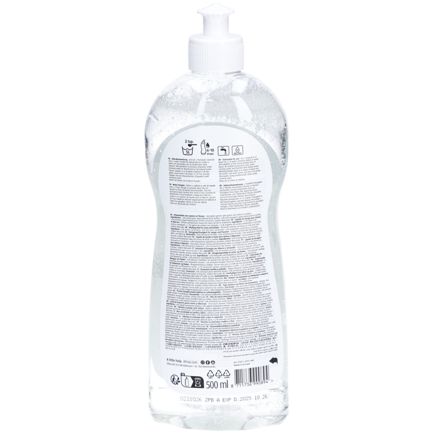 Rückseite einer Flasche mit Dosierpumpe. Text und Symbole. 500 ml.