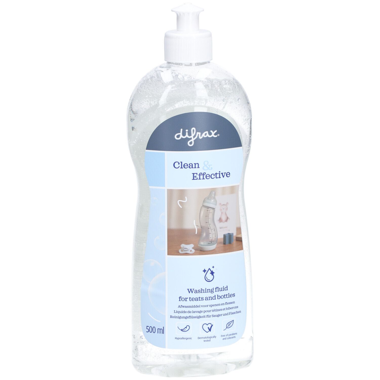 Klare Flüssigkeit in einer Flasche mit Dosierpumpe. Aufschrift: difrax, Clean & Effective. Waschmittel für Sauger und Flaschen.