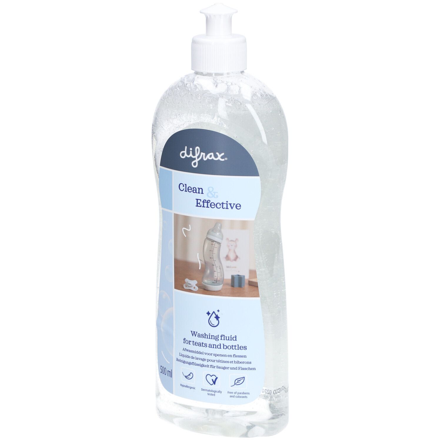 Klare Flüssigkeit in einer Flasche mit Dosierpumpe. Aufschrift: difrax, Clean & Effective. Waschmittel für Sauger und Flaschen.