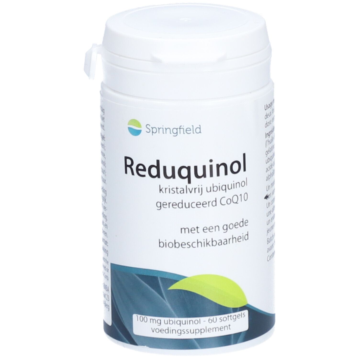 Boîte blanche avec Reduquinol et logo Springfield. Contient 60 gélules. Avec CoQ10.