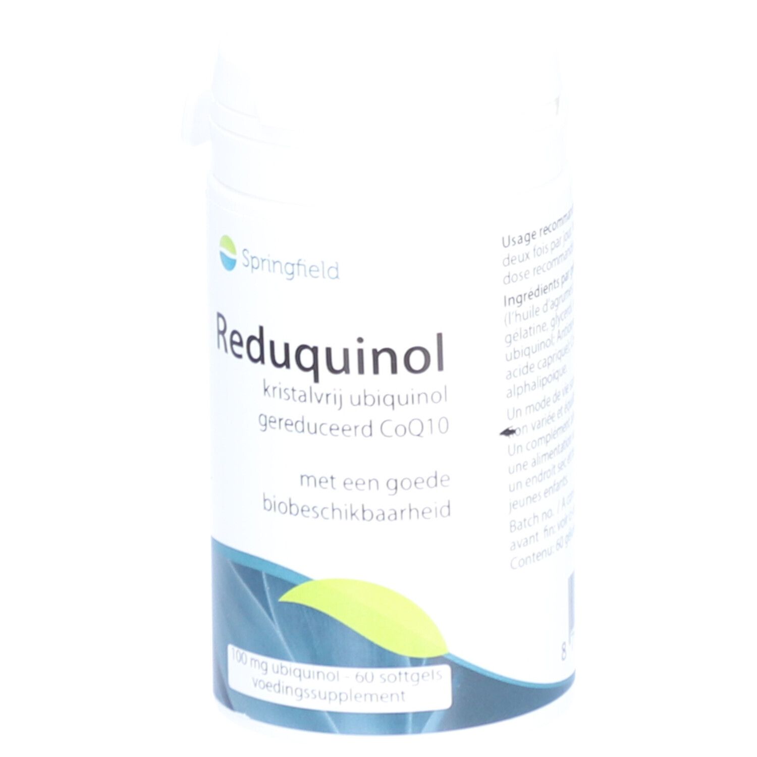Boîte blanche avec Reduquinol et logo Springfield. Contient 60 gélules. Avec CoQ10.
