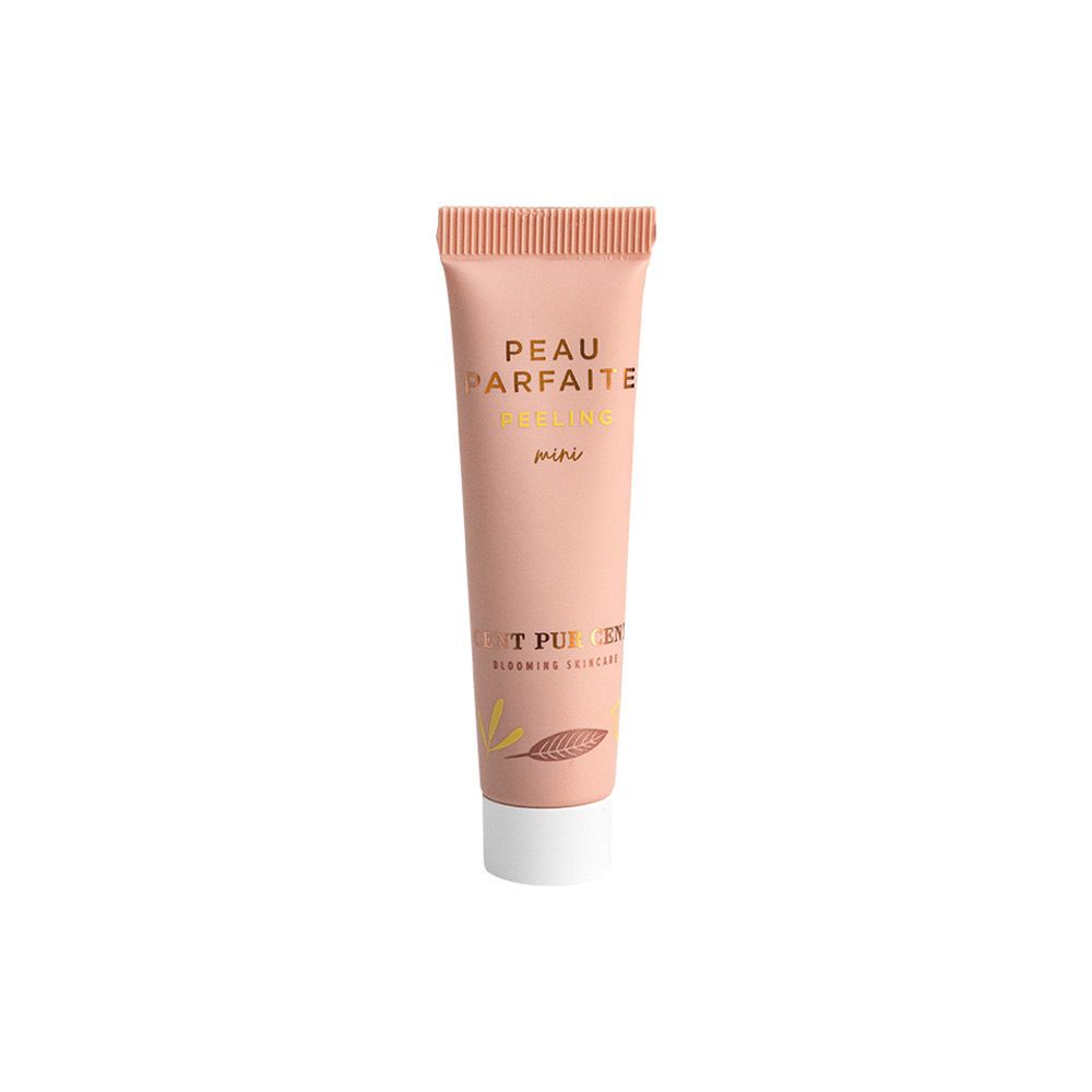 Roze tube met gouden tekst: PEAU PARFAITE PEELING mini. CENT PUR CENT Blooming Skincare.