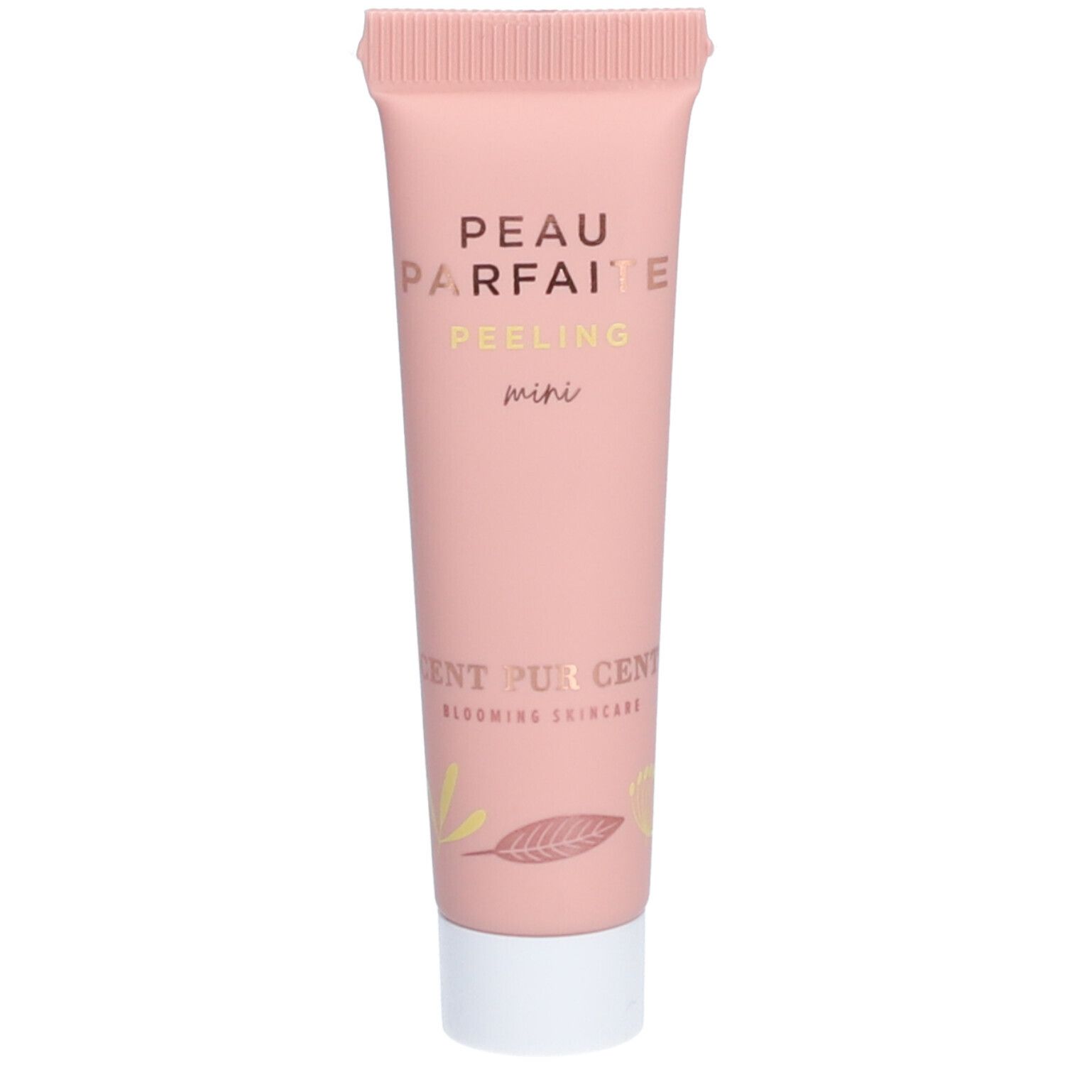 Roze tube met gouden tekst: PEAU PARFAITE PEELING mini. CENT PUR CENT Blooming Skincare.