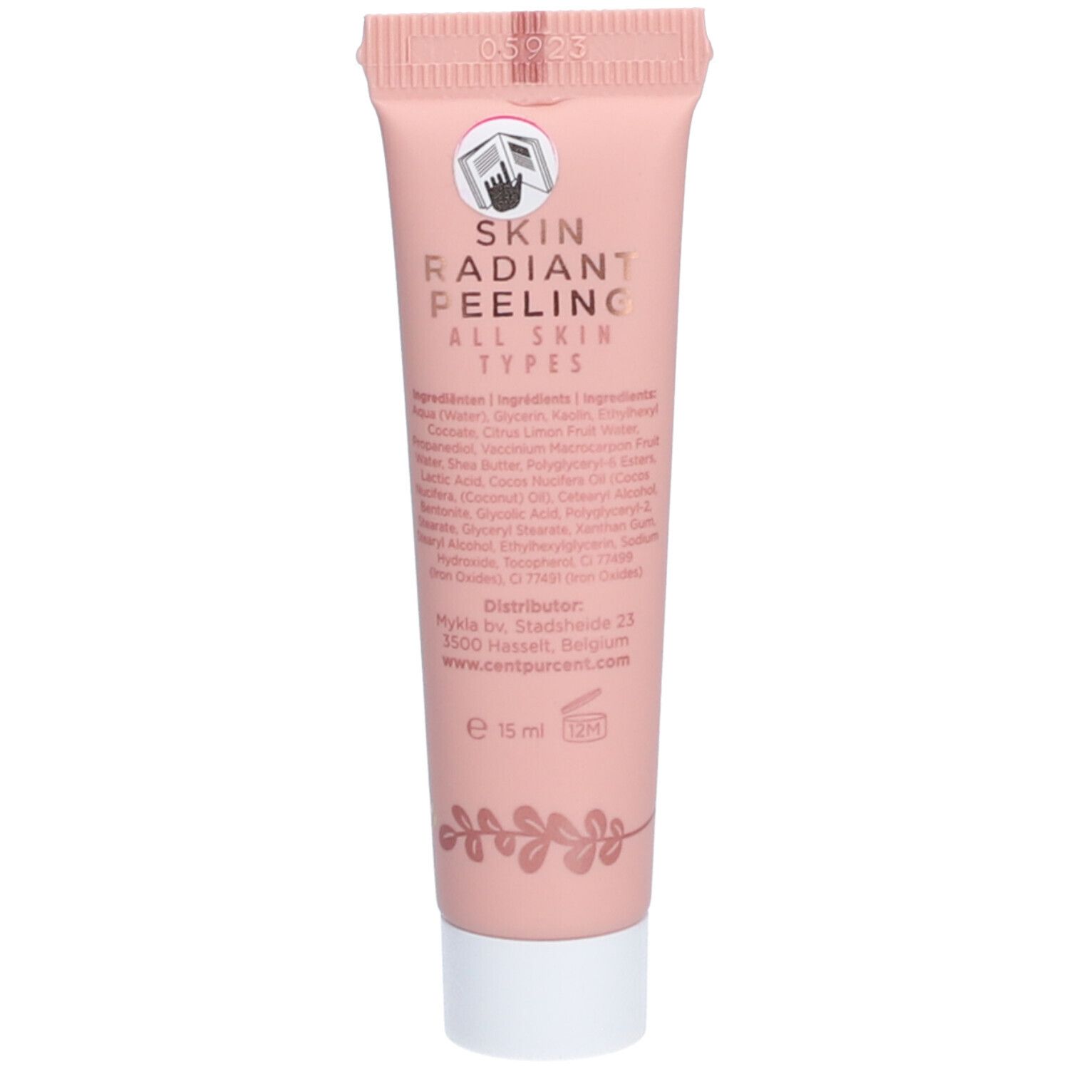 Roze tube met tekst en ingrediënten. SKIN RADIANT FEELING ALL SKIN TYPES. CENT PUR CENT. 15 ml.