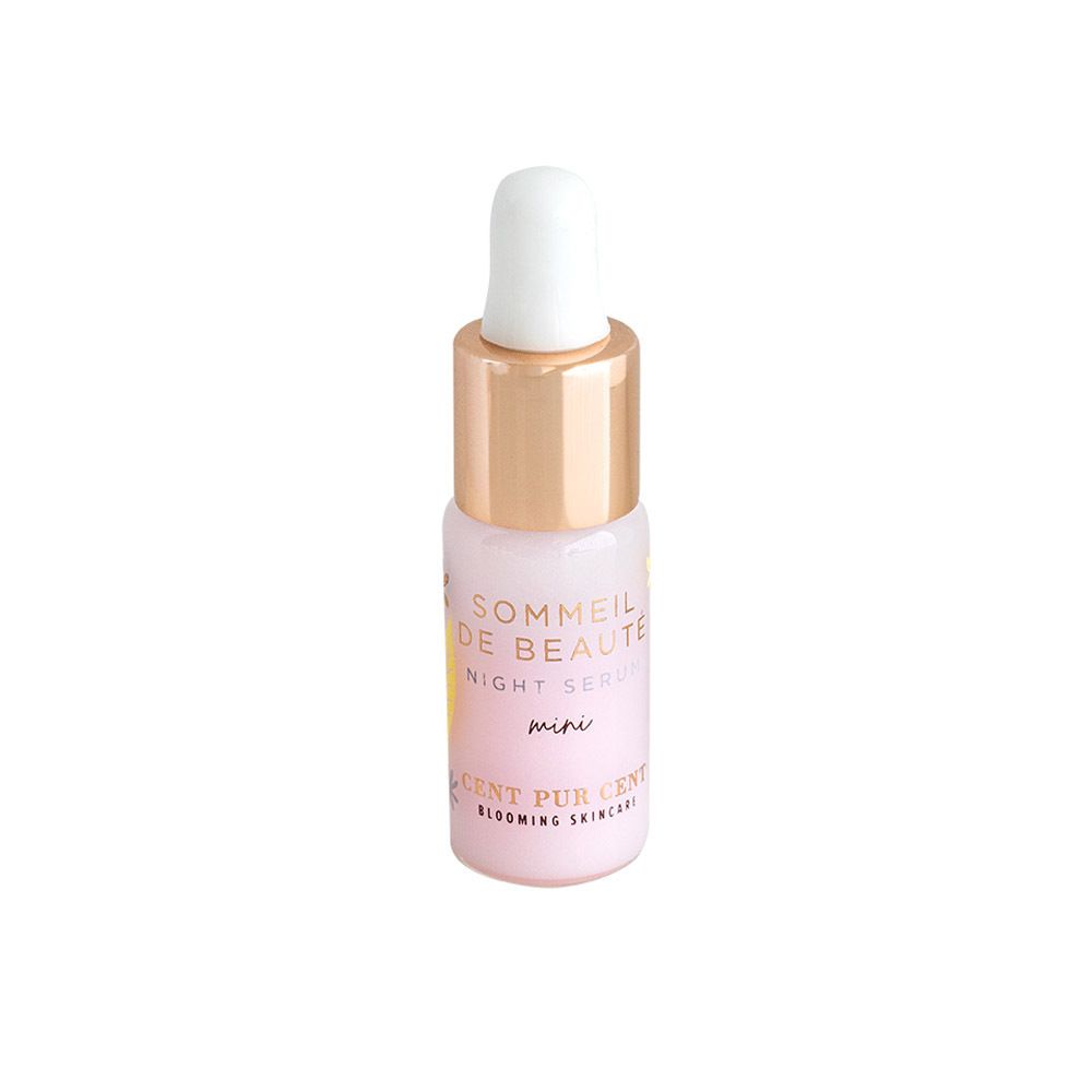 Roze flesje met pipet. Opschrift: Sommeil de Beauté Night Serum mini. Merk: Cent Pur Cent.