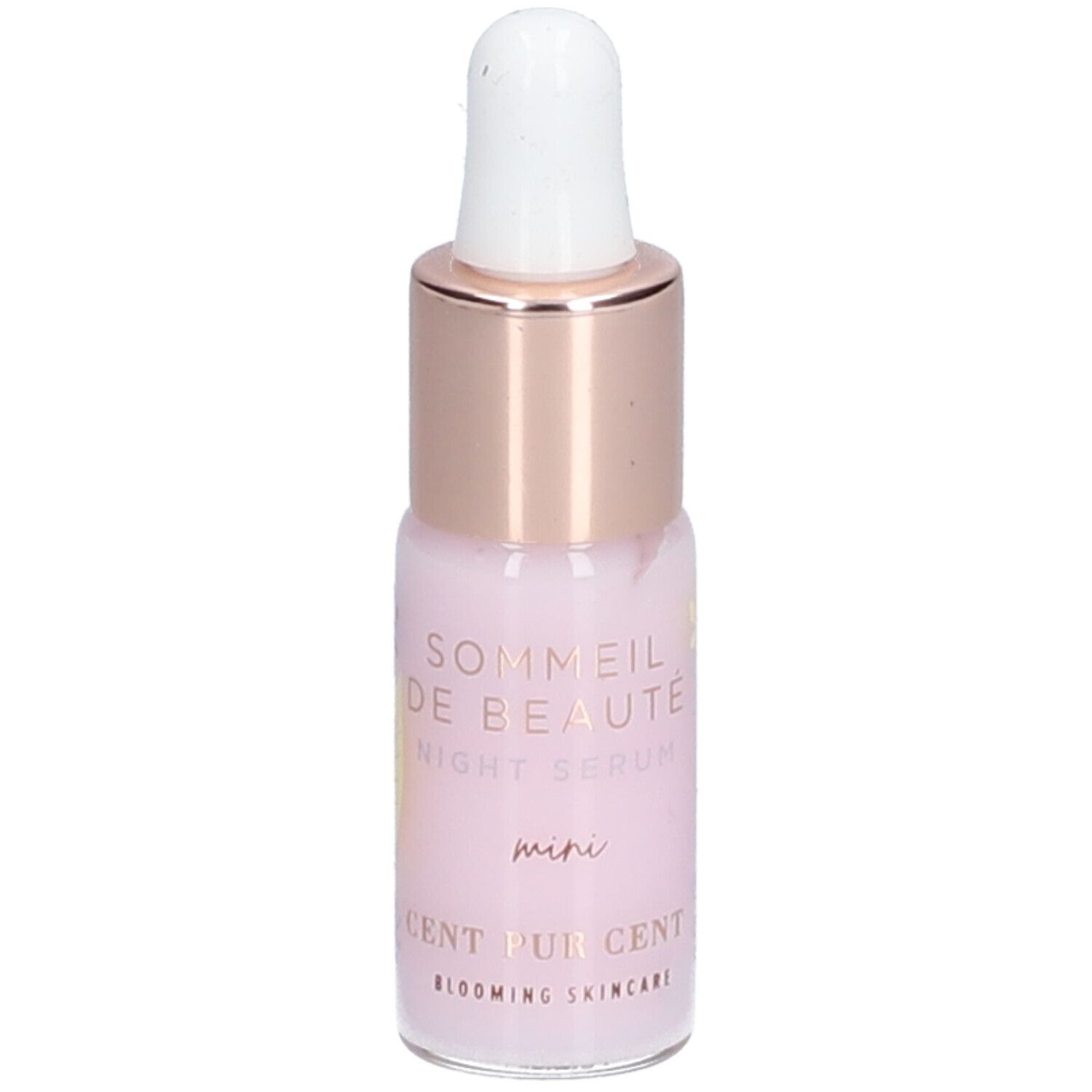 Roze flesje met pipet. Opschrift: Sommeil de Beauté Night Serum mini. Merk: Cent Pur Cent.