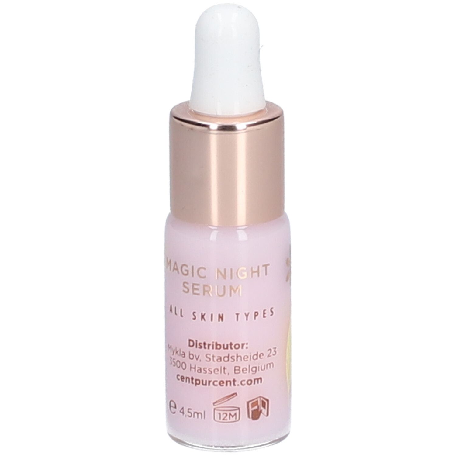 Roze flesje met pipet. Opschrift: Magic Night Serum. Voor alle huidtypes. Fabrikant informatie.