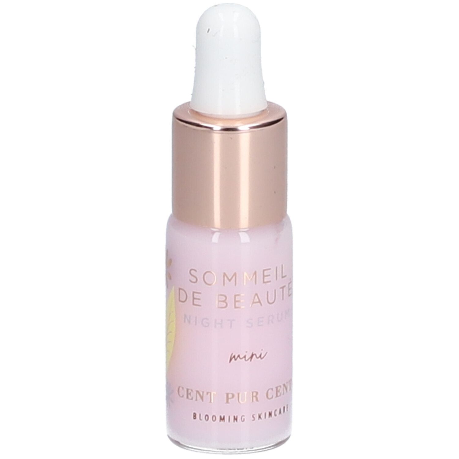 Roze flesje met pipet. Opschrift: Sommeil de Beauté Night Serum mini. Merk: Cent Pur Cent.