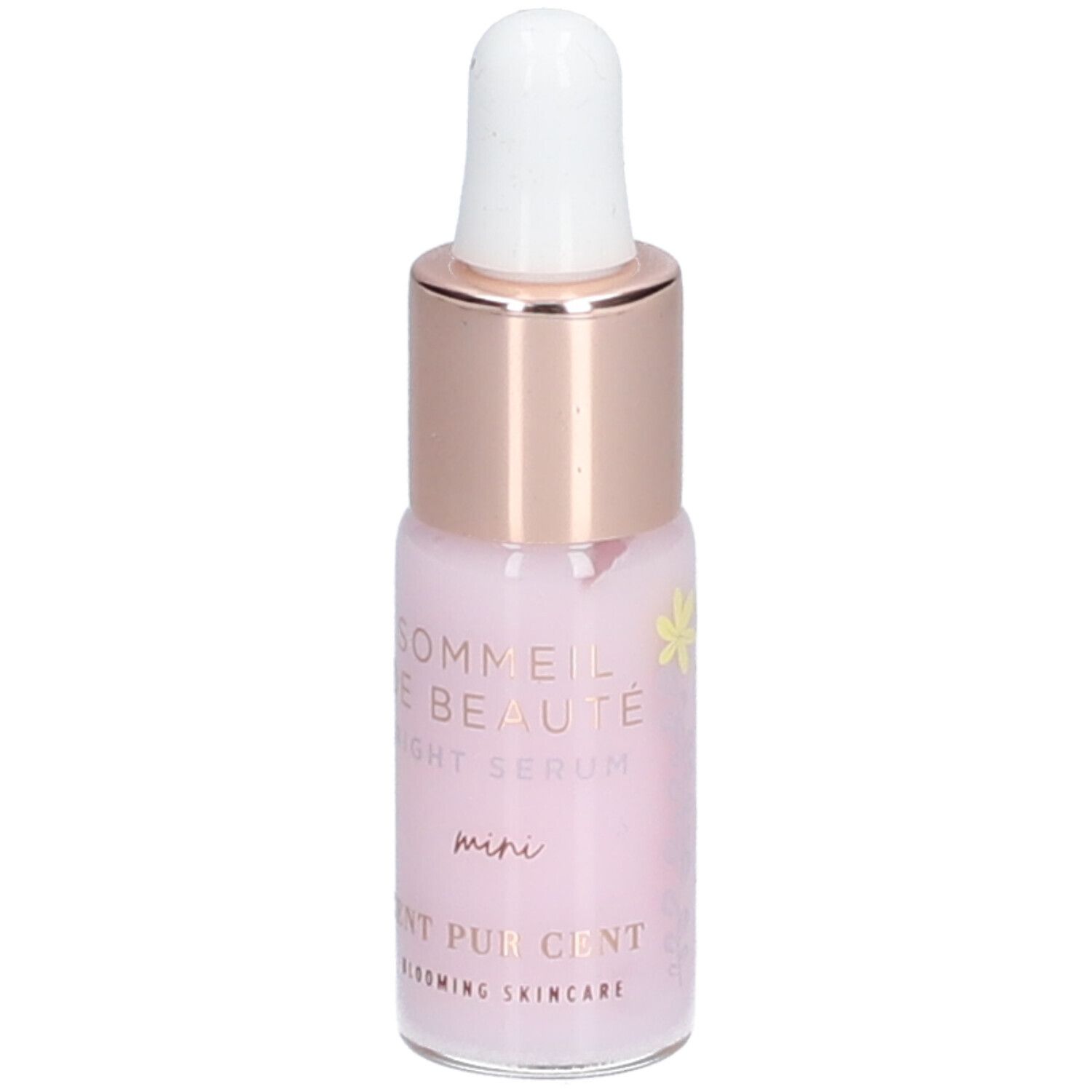 Roze flesje met pipet. Opschrift: Sommeil de Beauté Night Serum mini. Merk: Cent Pur Cent.