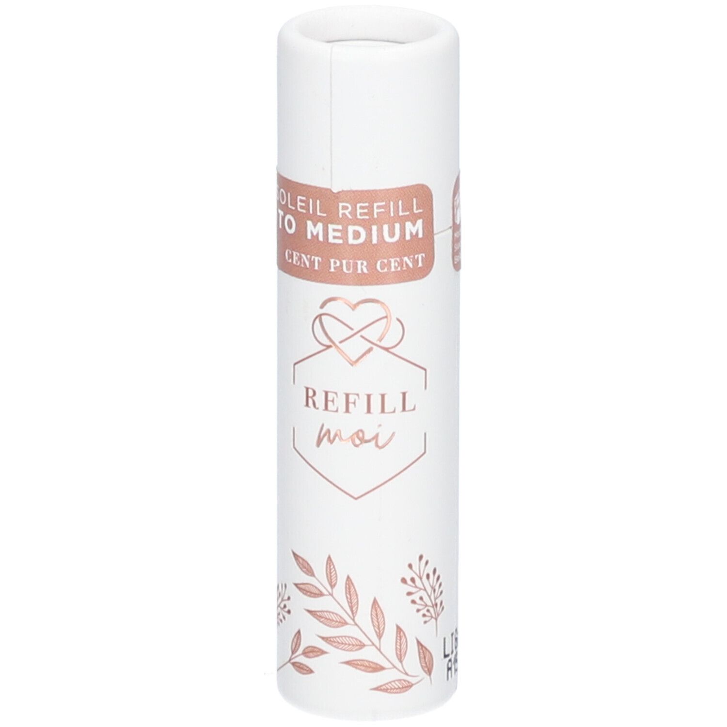 Weißer, zylindrischer Behälter mit rosafarbenen Akzenten. Aufschrift: Refill moi, Soleil Refill to Medium, CENT PUR CENT. Deckel.