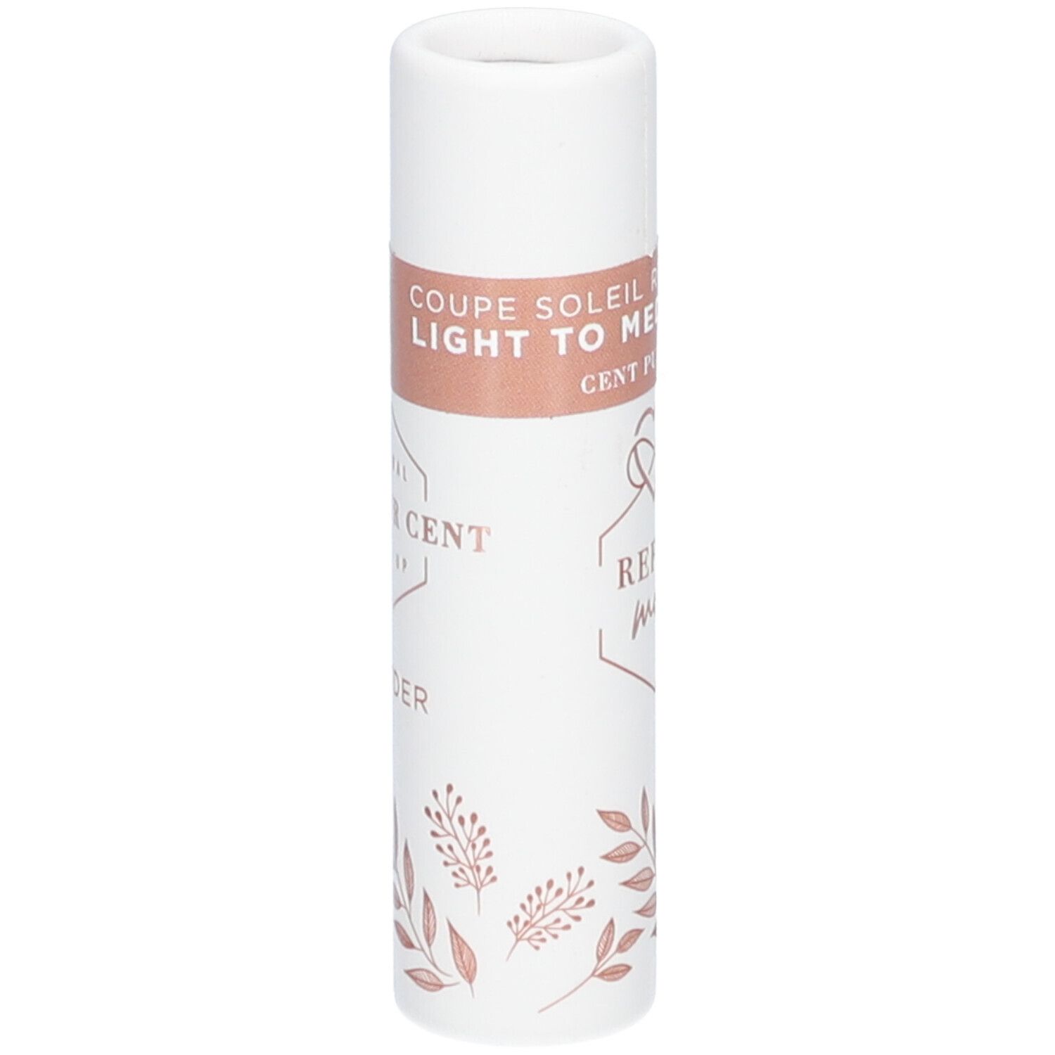 Weißer, zylindrischer Behälter mit rosafarbenen Akzenten. Aufschrift: CENT PUR CENT, Powder, Coupe Soleil Light to Medium. Deckel.