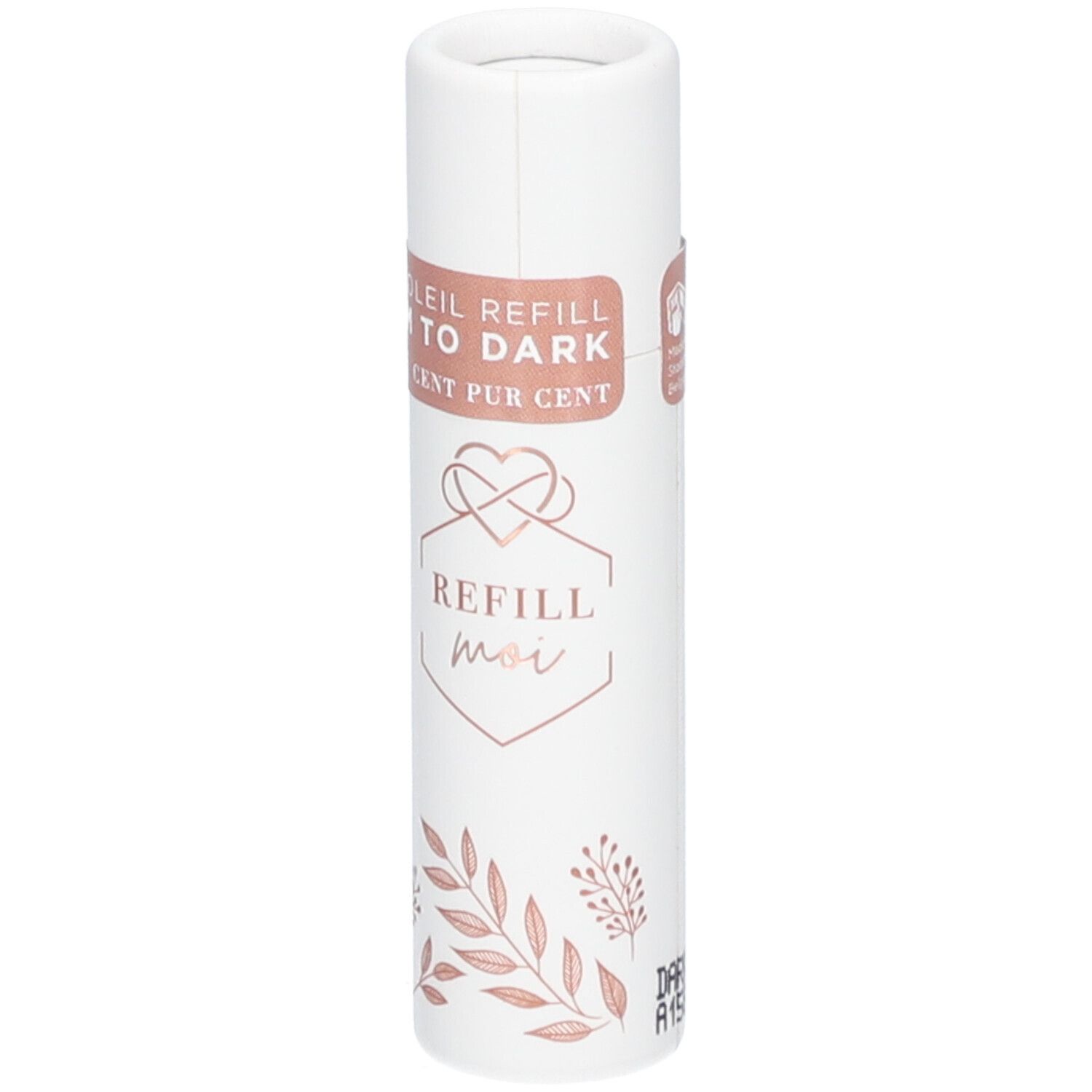 Witte cilindrische houder met roze band. Opschrift: REFILL moi, Refill TO DARK. Bloemen decoratie.