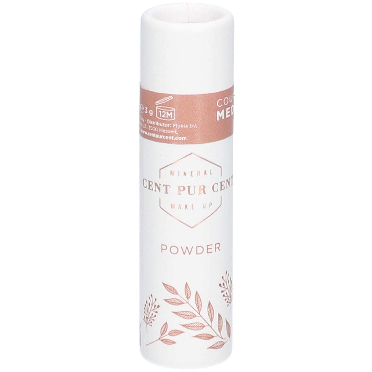 Witte cilindrische houder met roze band. Opschrift: CENT PUR CENT, POWDER, MEDIUM. 12M-symbool.