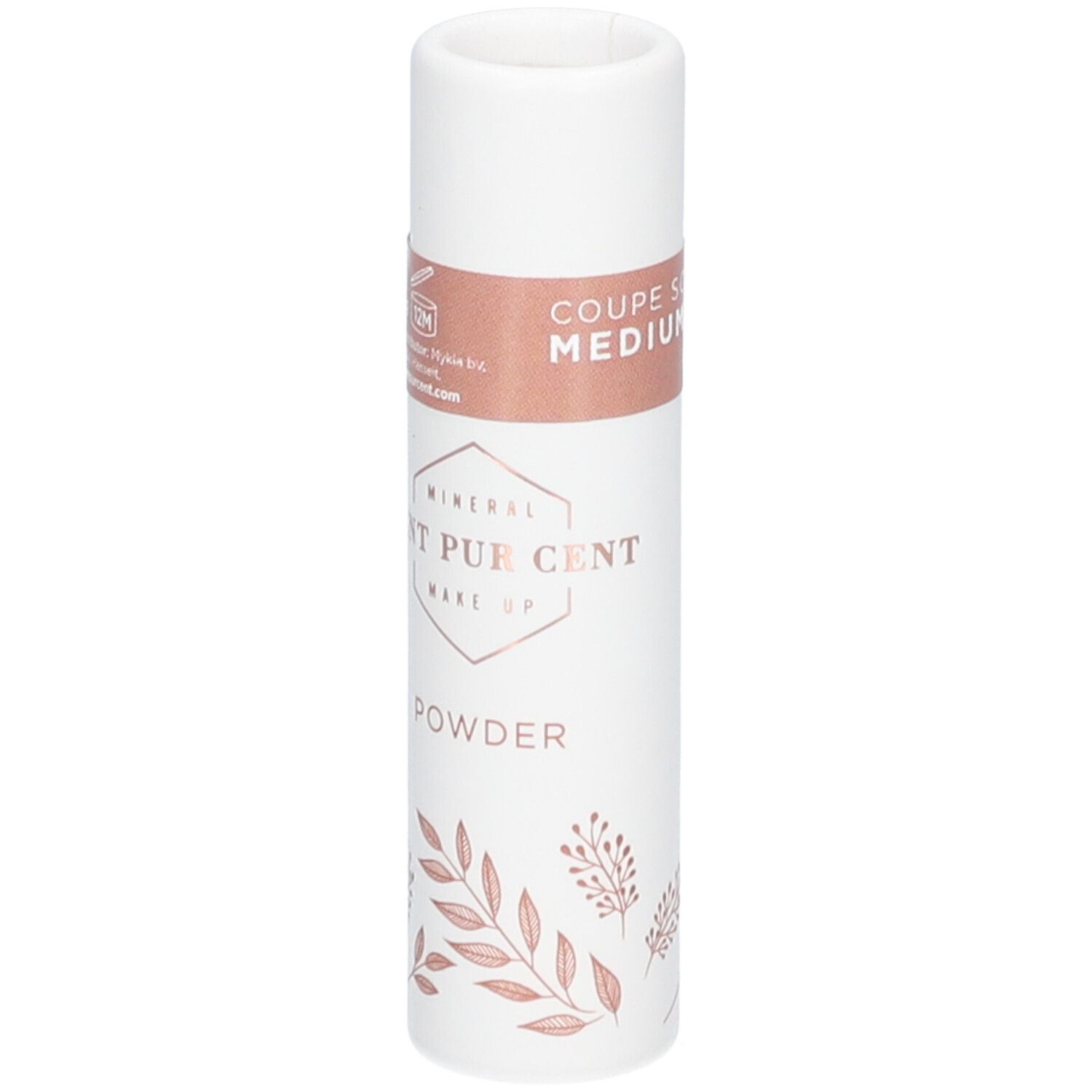 Witte cilindrische houder met roze band. Opschrift: CENT PUR CENT, POWDER, MEDIUM. 12M-symbool.