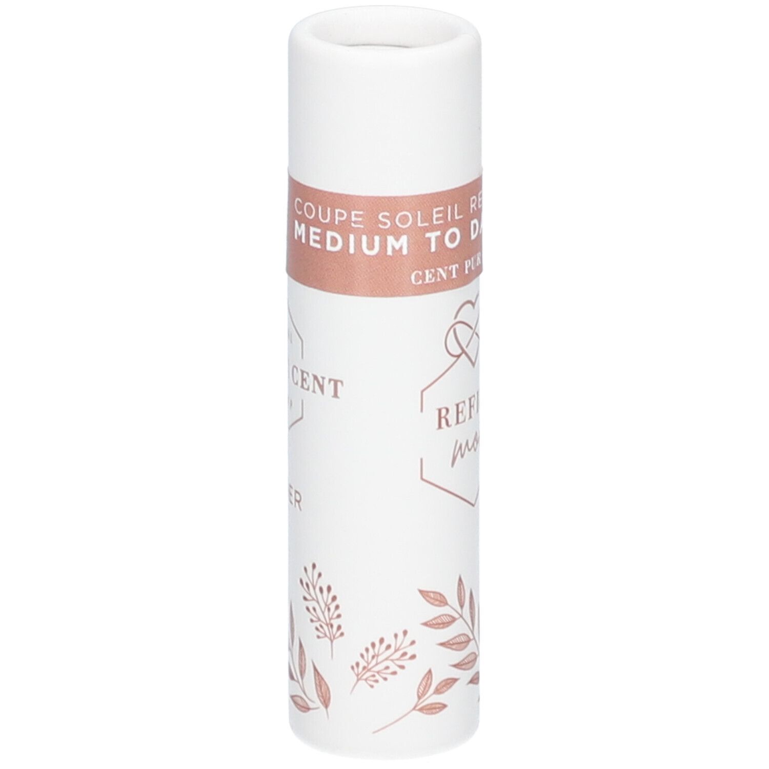 Witte cilindrische houder met roze band. Opschrift: CENT PUR CENT, Refill, MEDIUM TO DARK. Bloemen decoratie.
