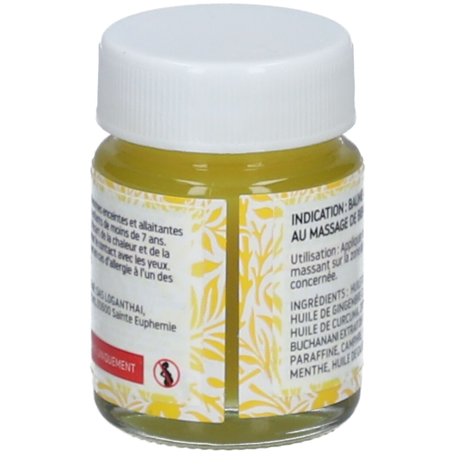 Pot en verre avec contenu jaune et couvercle blanc. Dos avec texte et ingrédients.