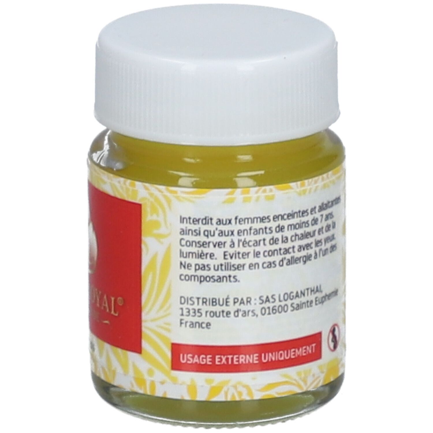 Pot en verre avec contenu jaune et couvercle blanc. Étiquette rouge avec avertissements et texte.