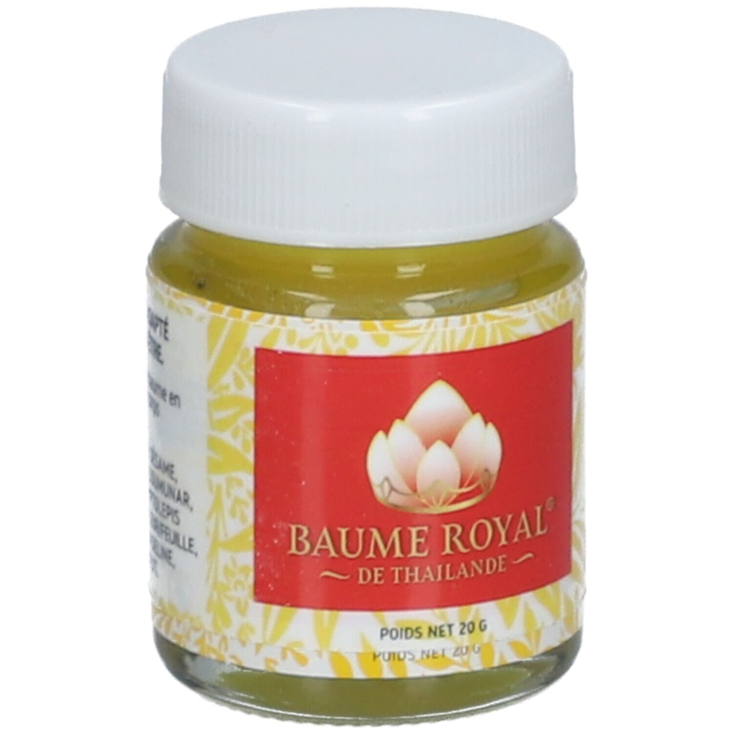 Pot en verre avec contenu jaune et couvercle blanc. Étiquette rouge avec nom du produit et logo.