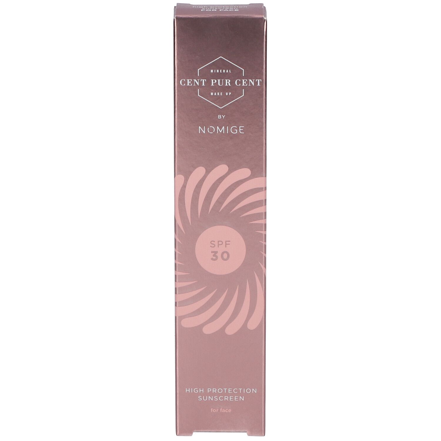 Doosje voor zonnebrandcrème, roségoud, met productnaam en SPF 30. Bevat High Protection Sunscreen.