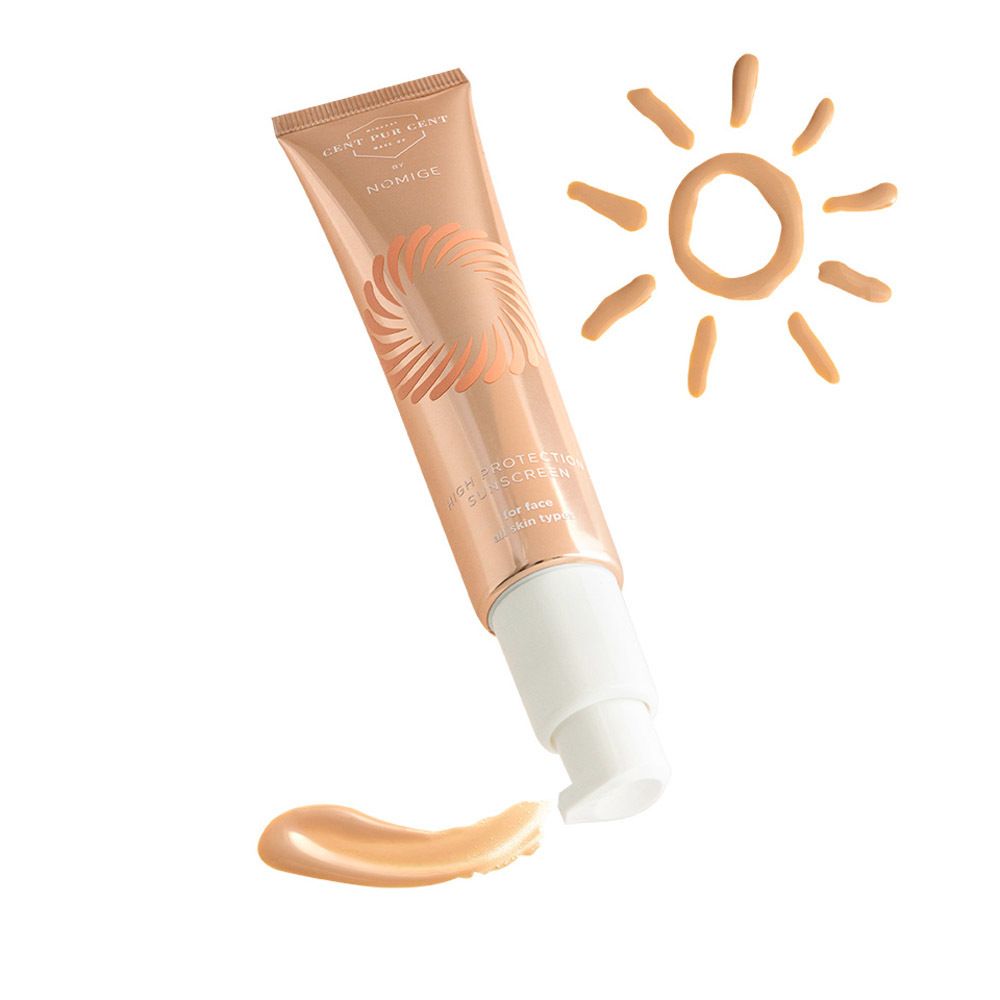 Zonnebrandcrèmetube met pomp, schuin, met zon-illustratie en product. Bevat High Protection Sunscreen.